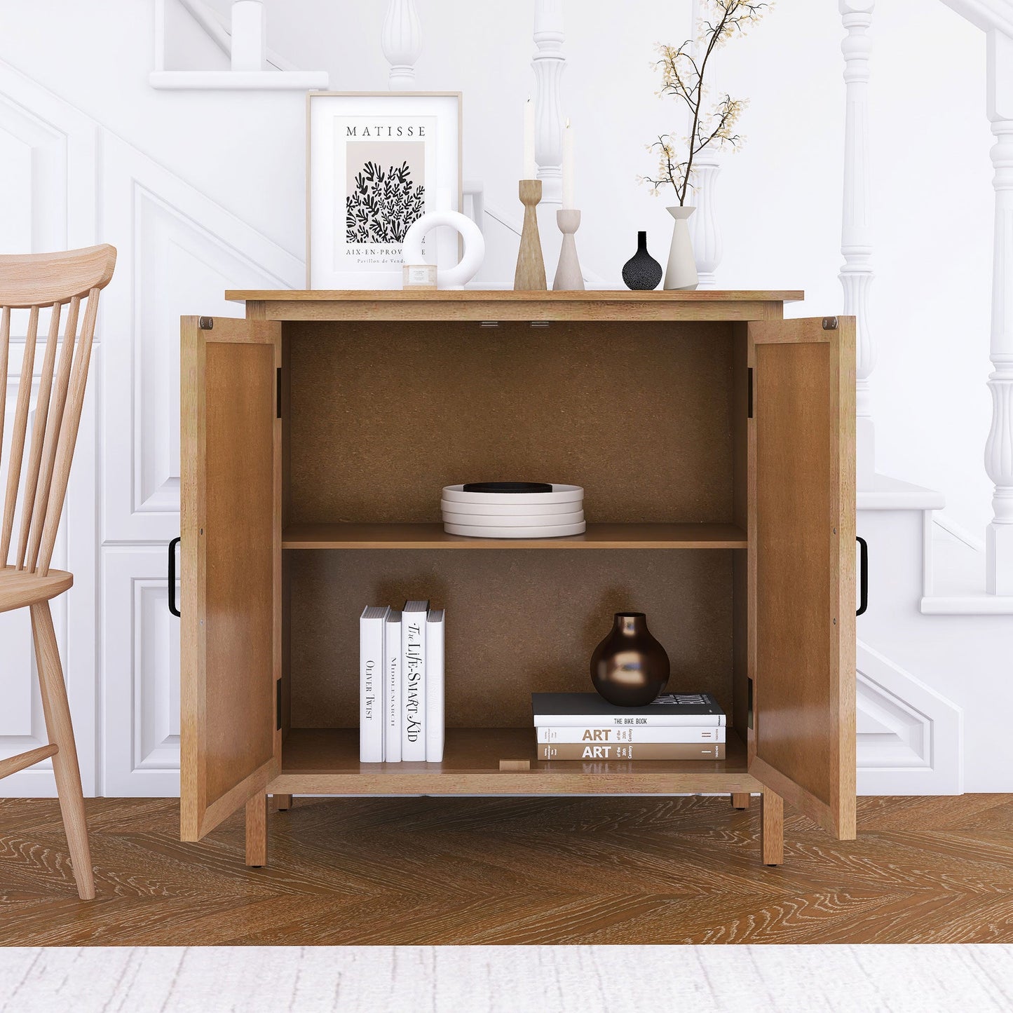 Hand-Carved 2 Doors Accent Cabinet with Shelves and Metal Handle