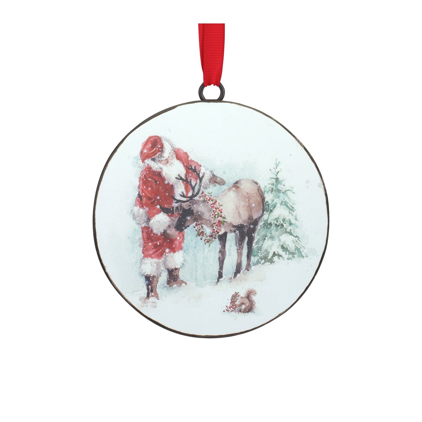 Winter Santa with Woodland Animals Disc Ornament, Set of 2