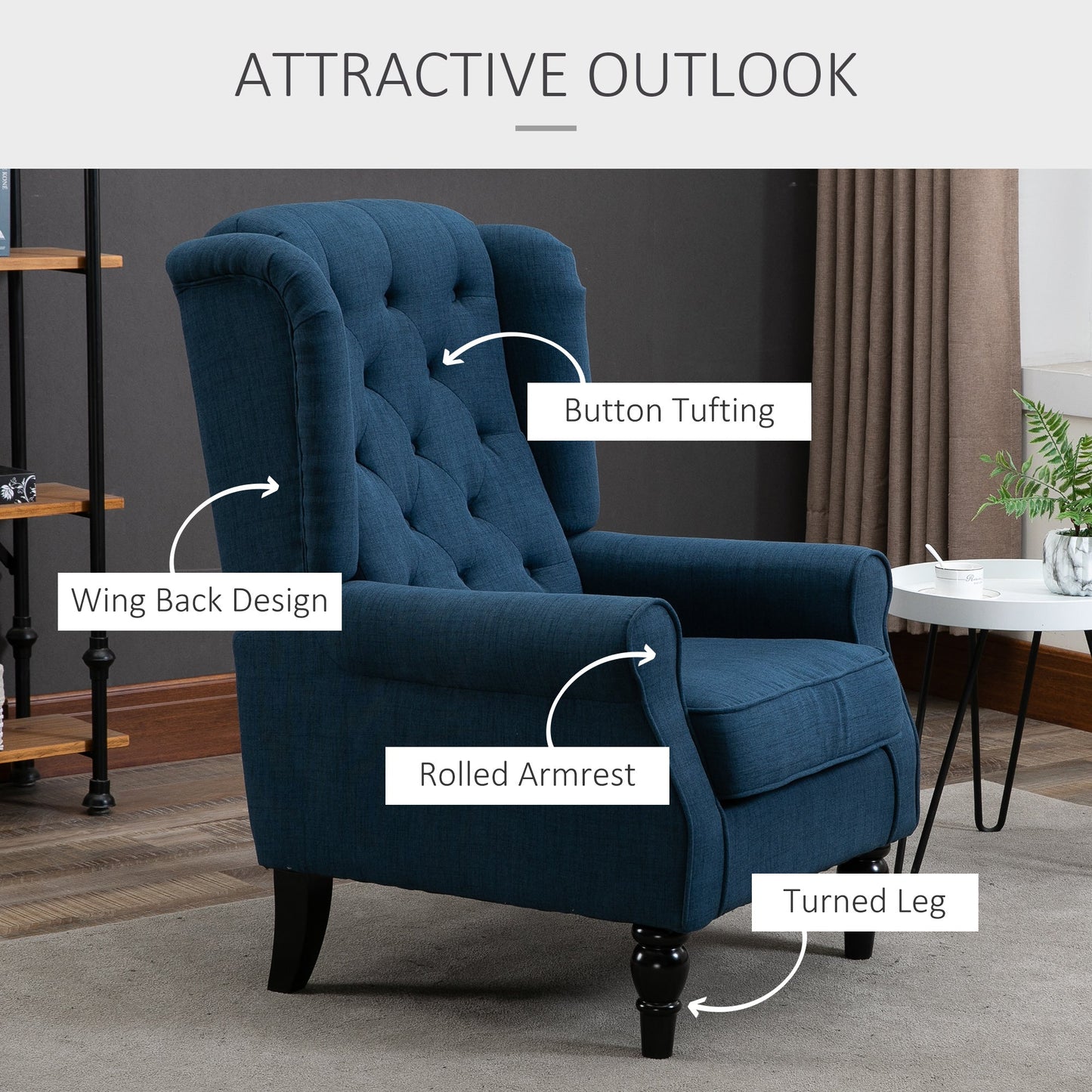 Button Tufted Upholstered Accent Chair with Wing Back and Rolled Arms