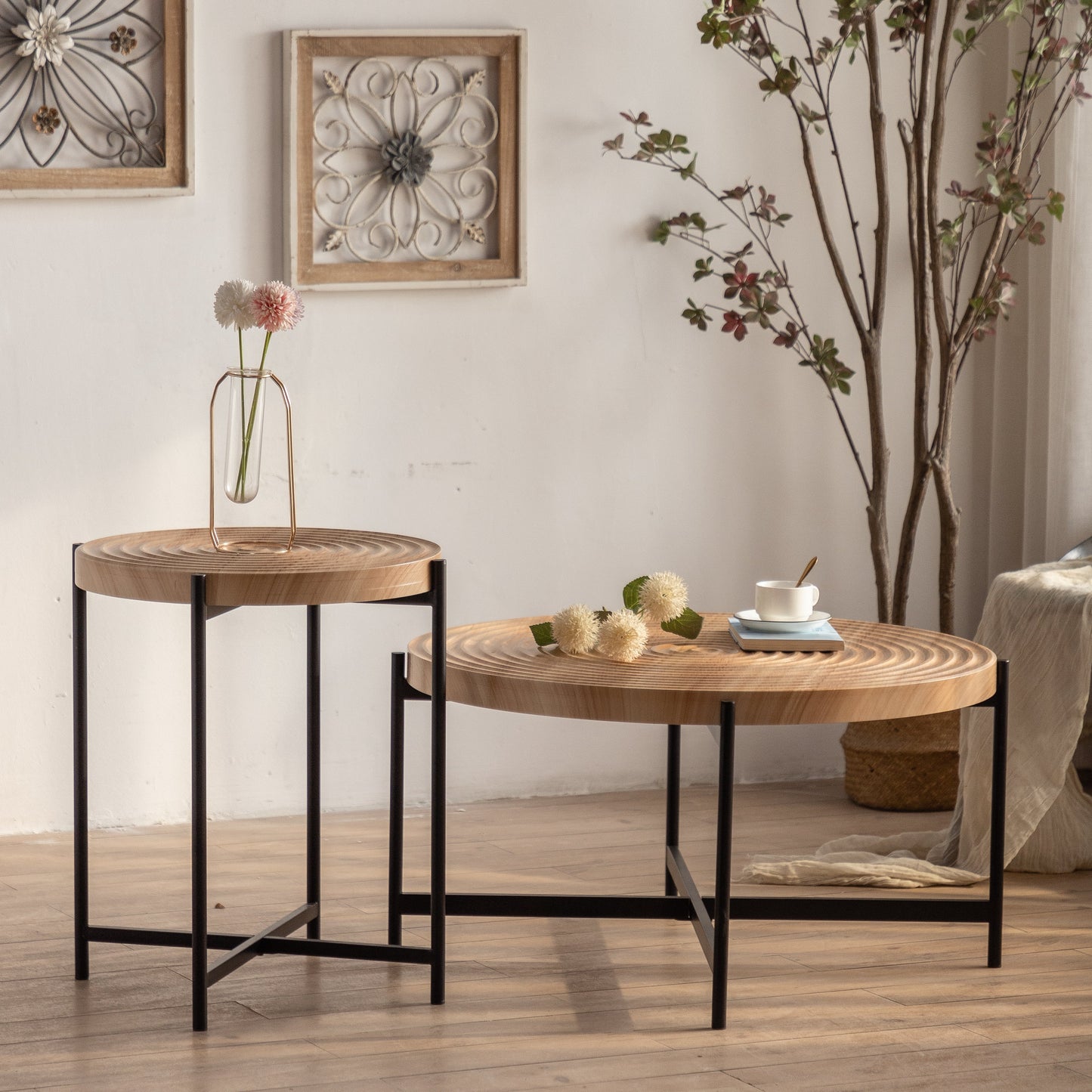 Coffee Table with Round Tabletop and Cross Metal Base, Set of 2