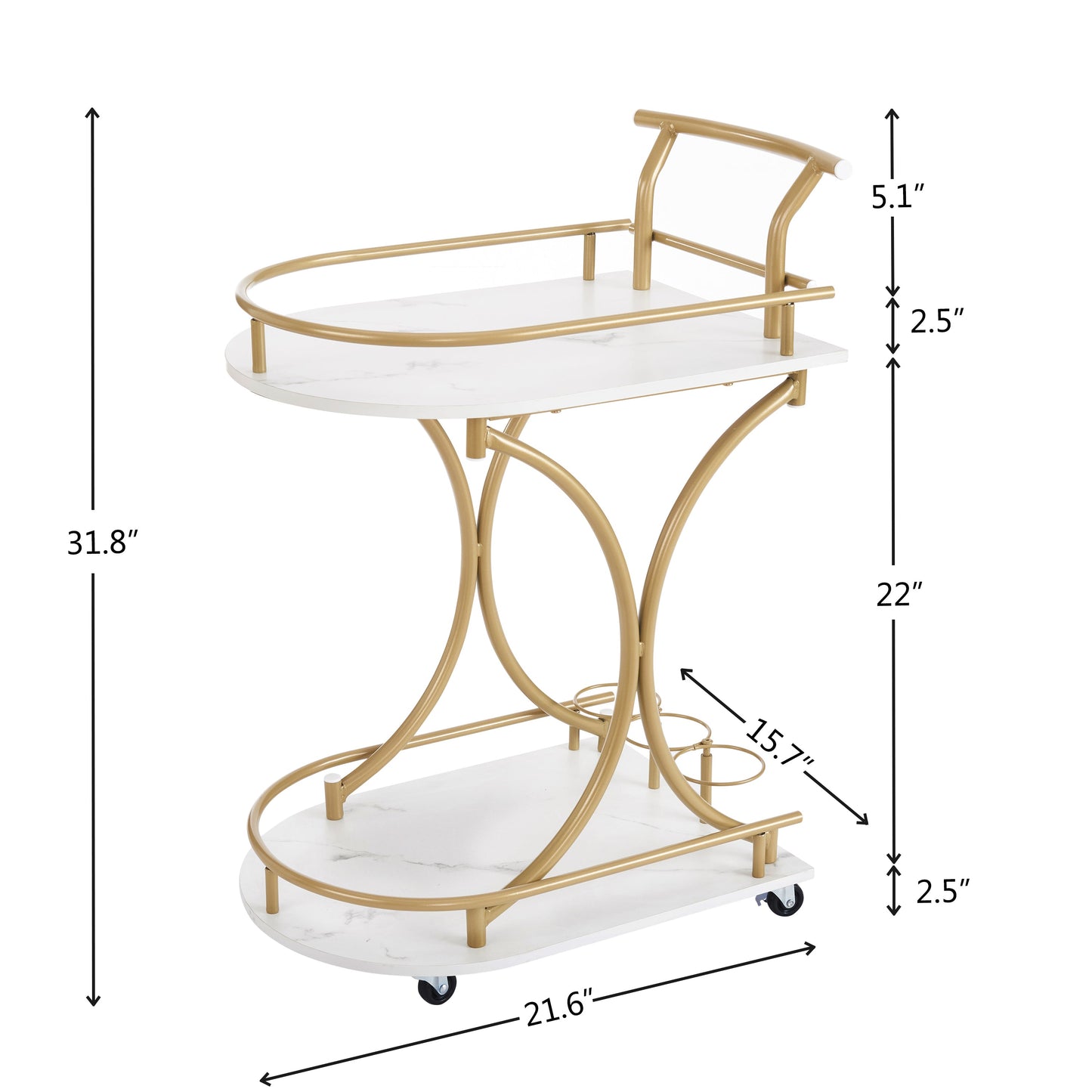 2-Tier Bar Cart with Curved Handles, Wheels and Wine Rack