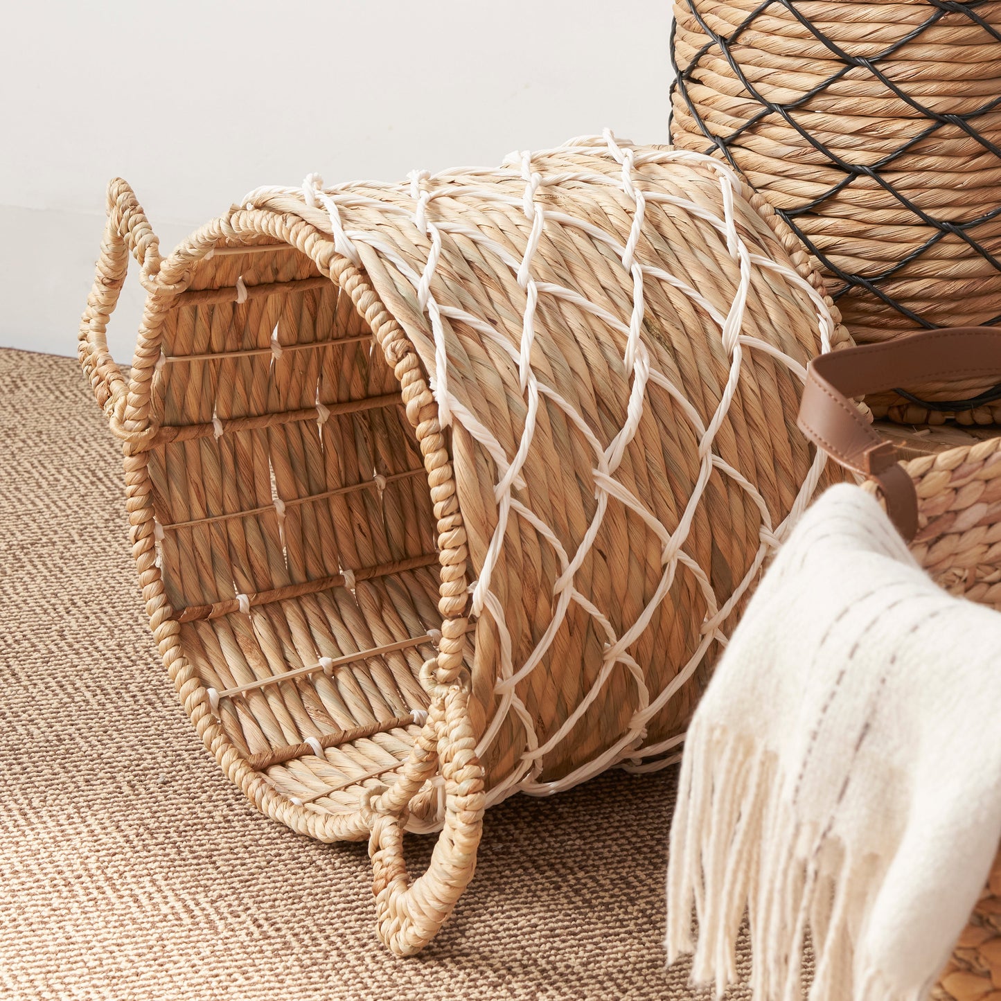 Storage Basket with Handles and Twisted Weave Pattern