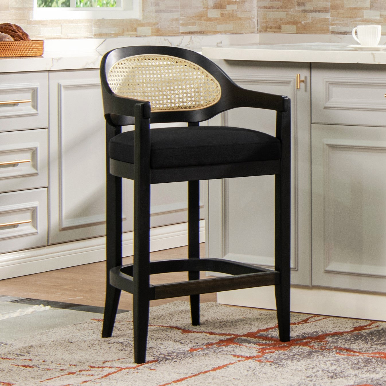 Pyrla 26" Upholstered Counter Stool with Curved Cane Back and Wood Legs