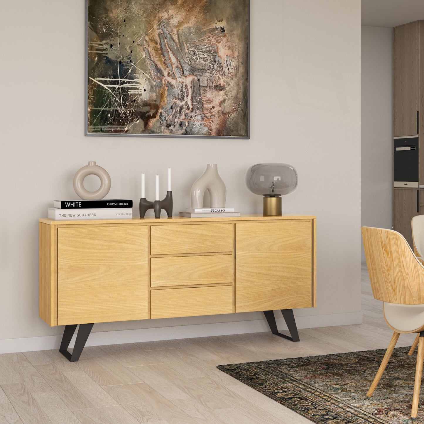 Peak 2-Door Buffet Cabinet with 3 Drawers and Metal Angled Legs