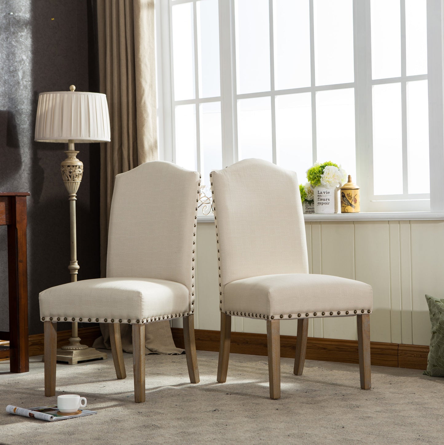 Wolen Upholstered Dining Chair with Nailhead Trim and High Back, Set of 2