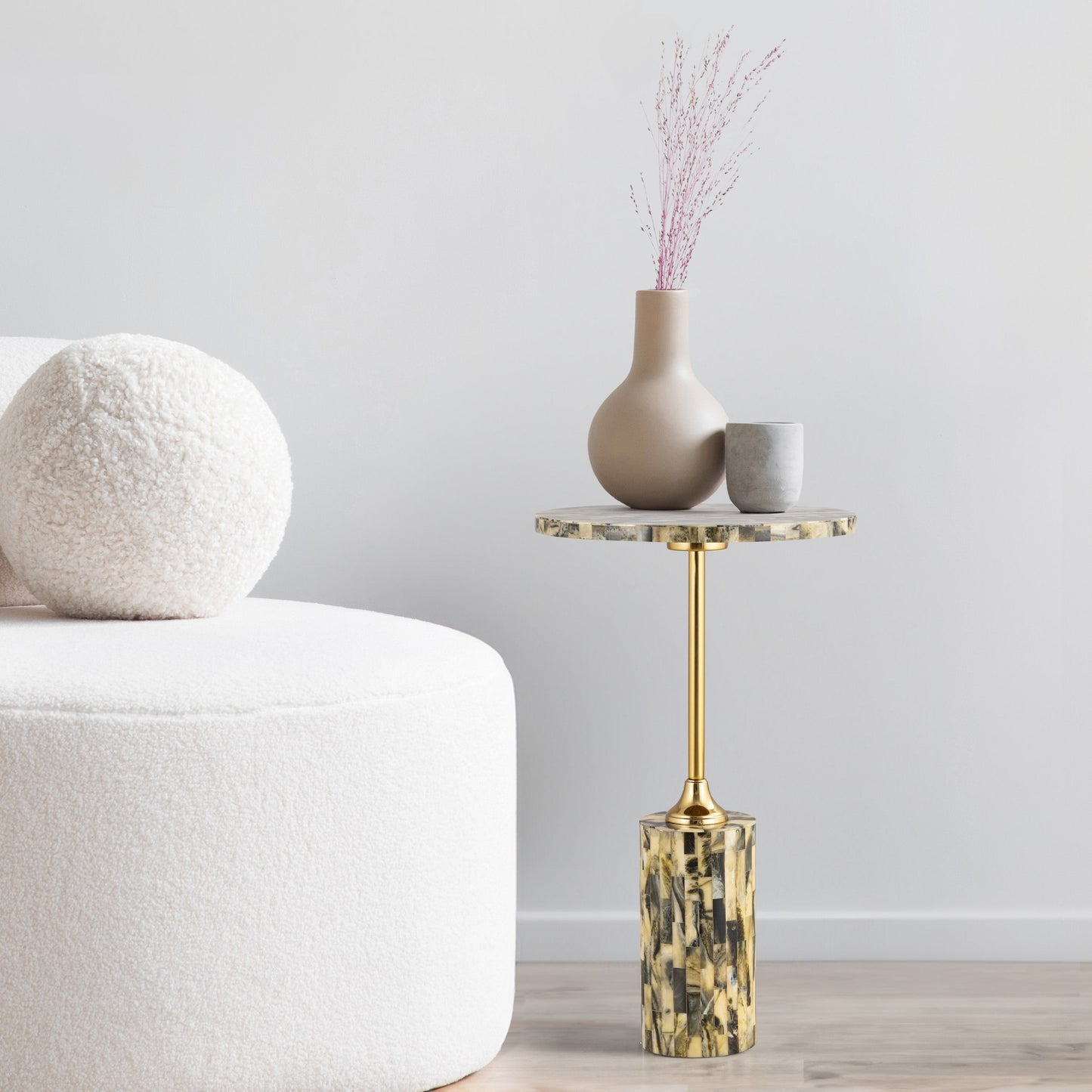 Hedda Contemporary Glam Metal/Resin Faux Stone Round End Table