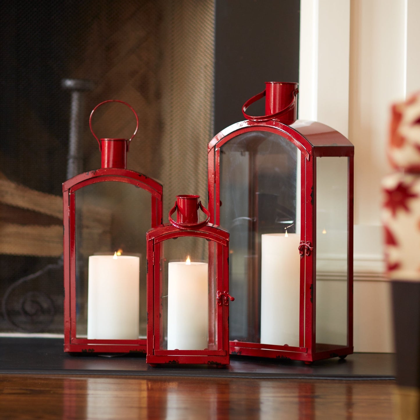 Rustic Red Curved Top Lantern, Set of 3