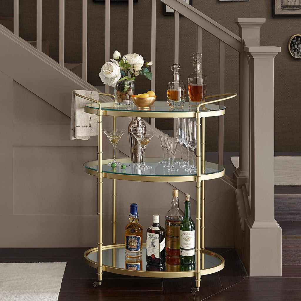 Bar Cart with Metal Frame and Glass Shelves