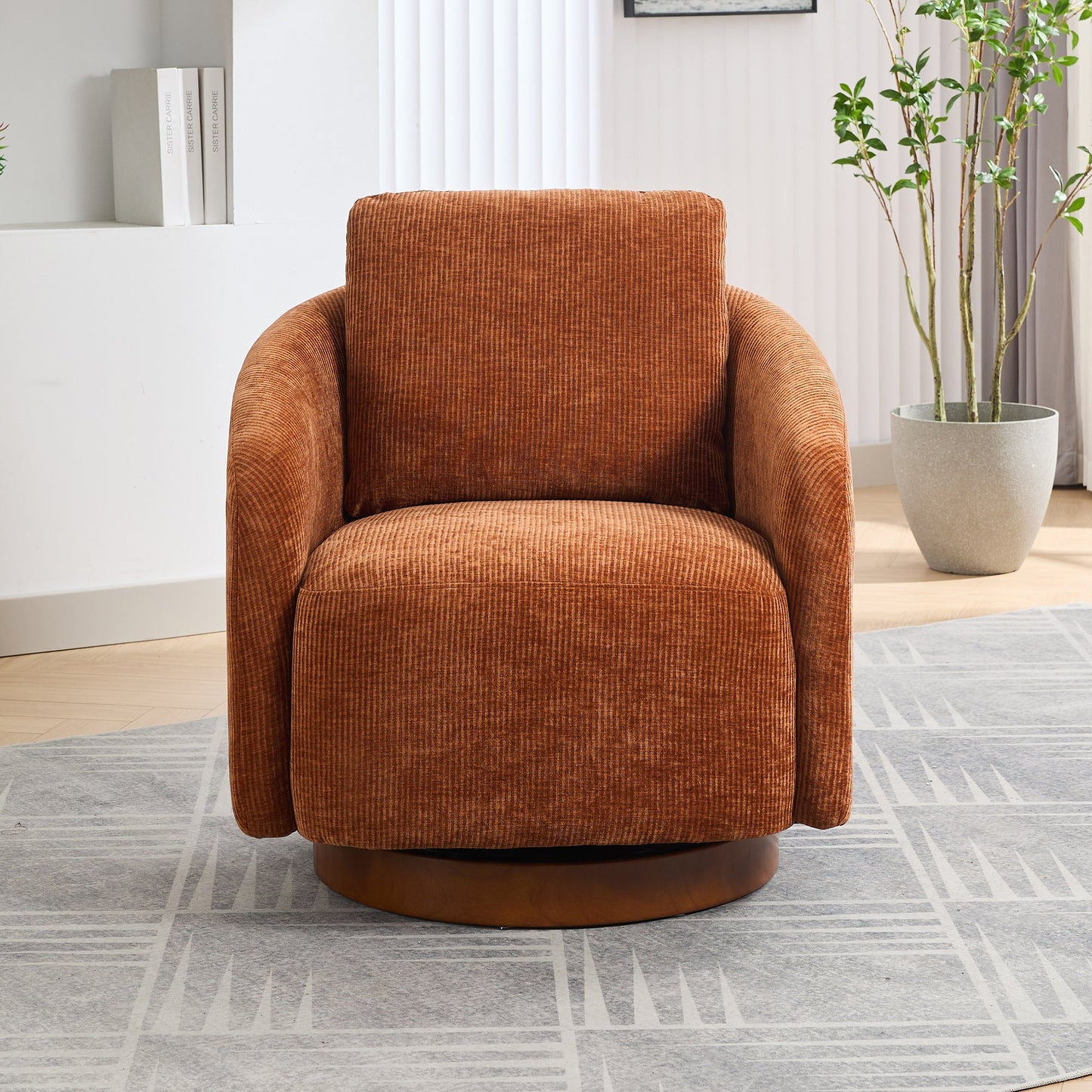 Actuator Upholstered Barrel Chair with 360-Degree Swivel Base and Curved Arms