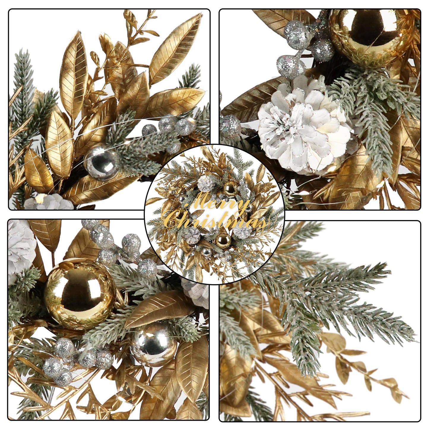 Slenix 20-inch Christmas Wreath, Christmas Door Decorations Wreath with Warm Lights