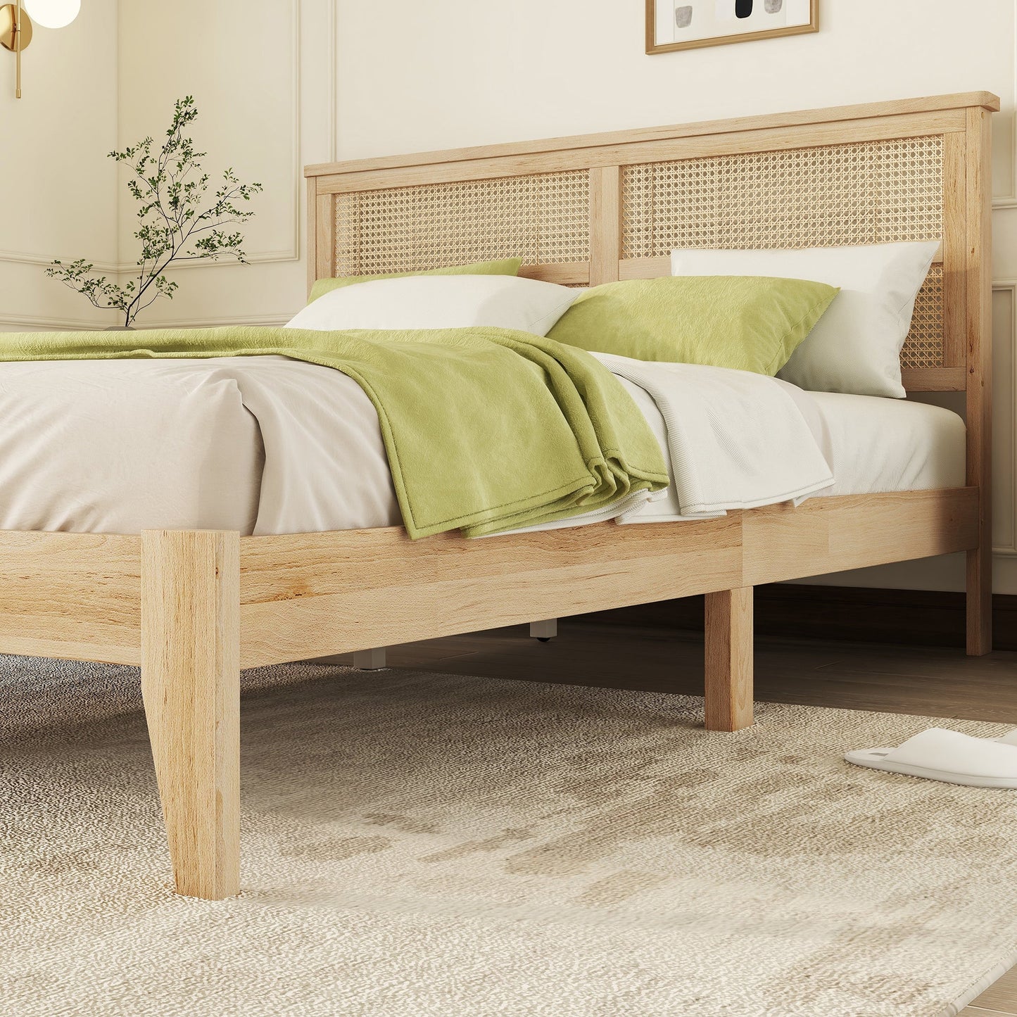 Queen Size Bed with Rattan Headboard