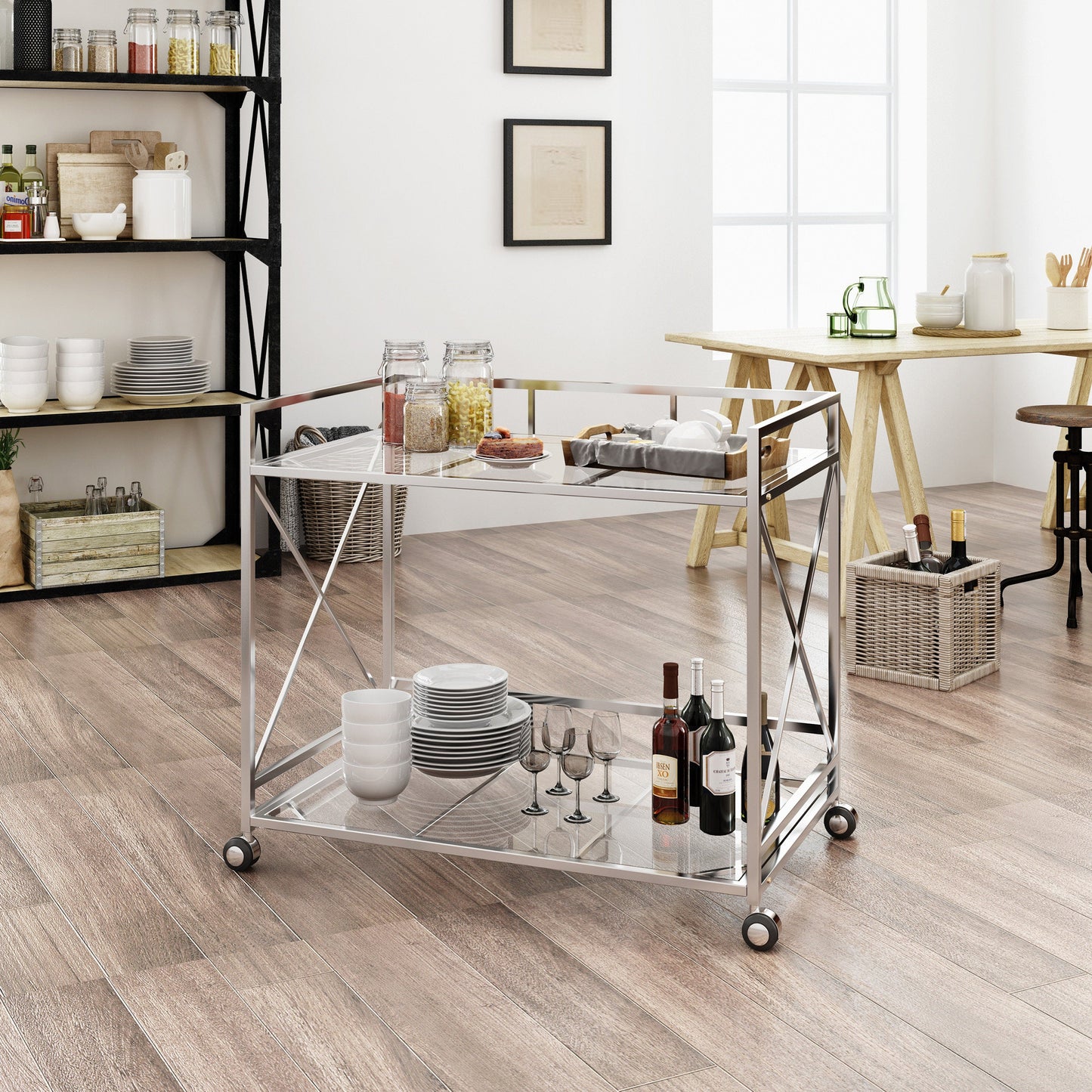Bar Cart with Glass Shelves and Metal Frame