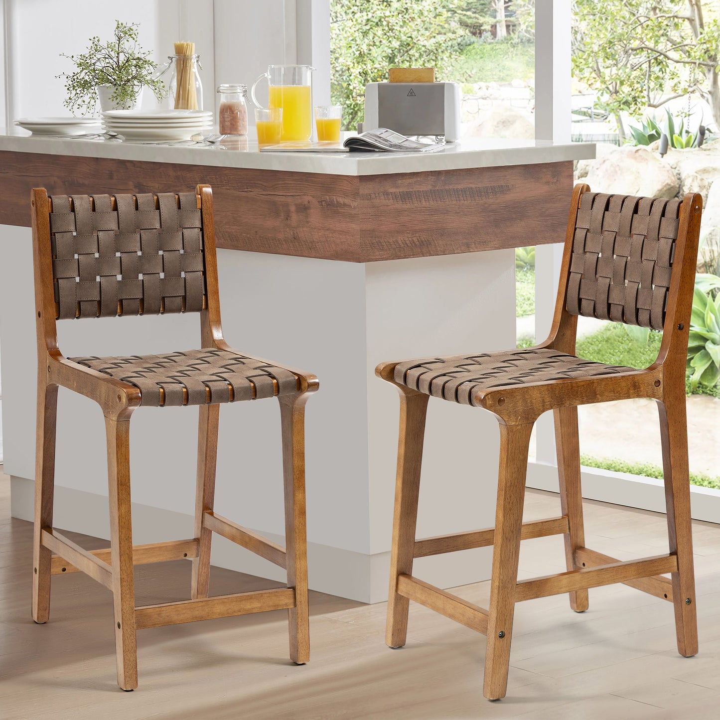 Counter Stool with Leather Woven and Wood Frame, Set of 2