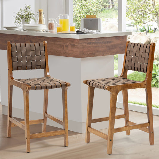 Counter Stool with Leather Woven and Wood Frame, Set of 2