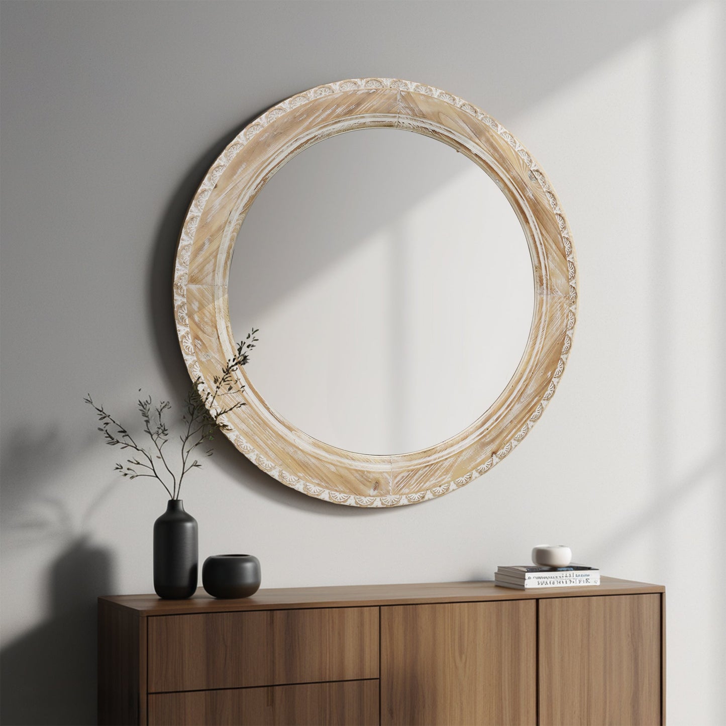 Round Wall Mirror with Carved Frame