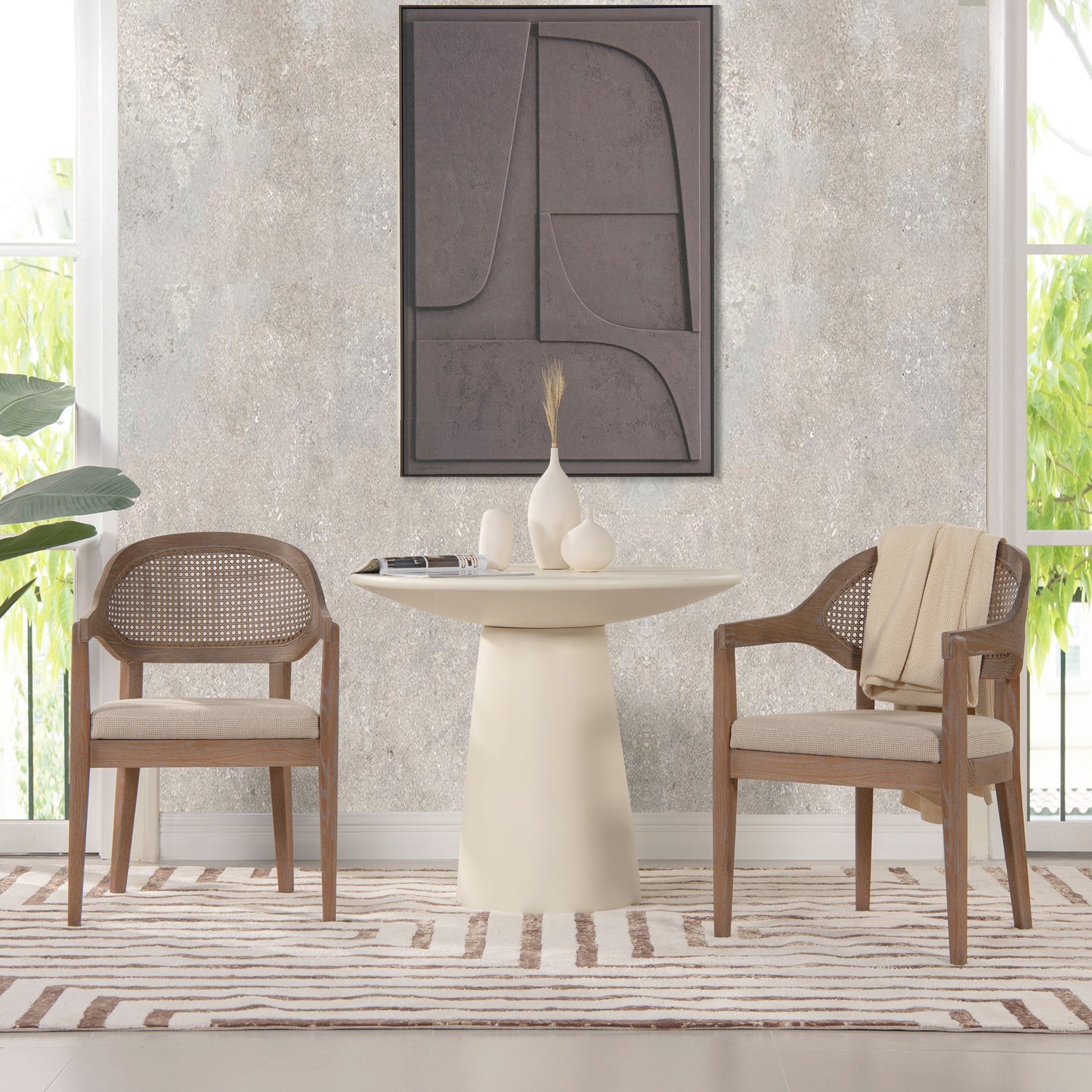 Upholstered Dining Chair with Rattan Back and Wood Frame