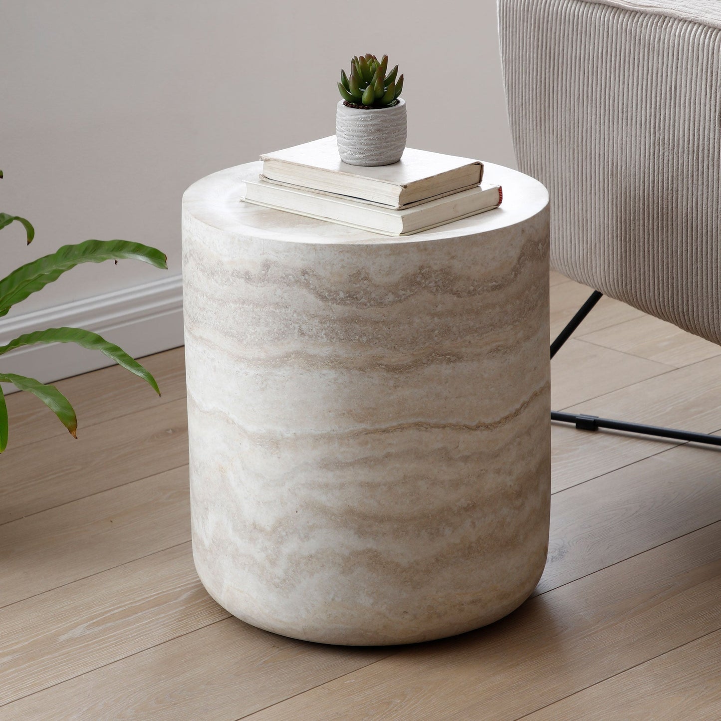 Willowed Faux Travertine Textured Circle Coffee Table
