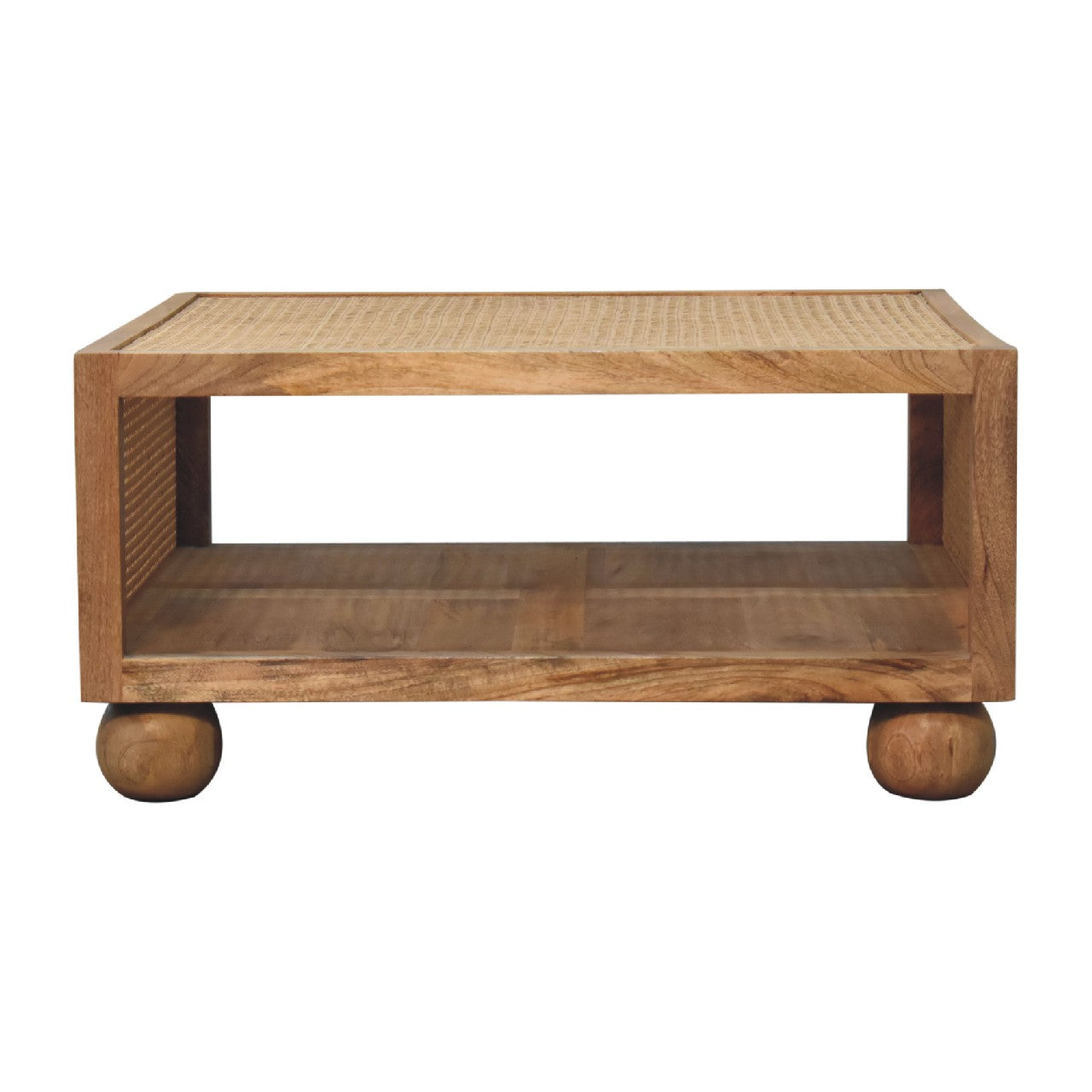 Decipher Wood and Rattan Large Coffee Table with Ball-Shaped Legs