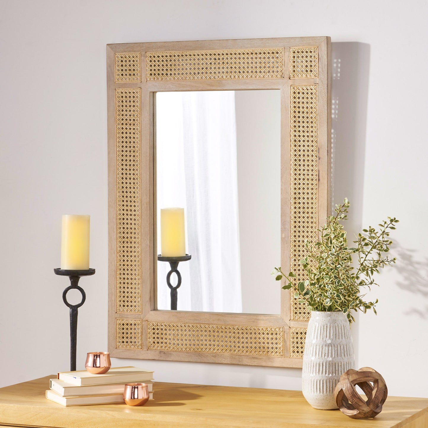 Wall Mirror with Mango Wood Frame and Wicker Border