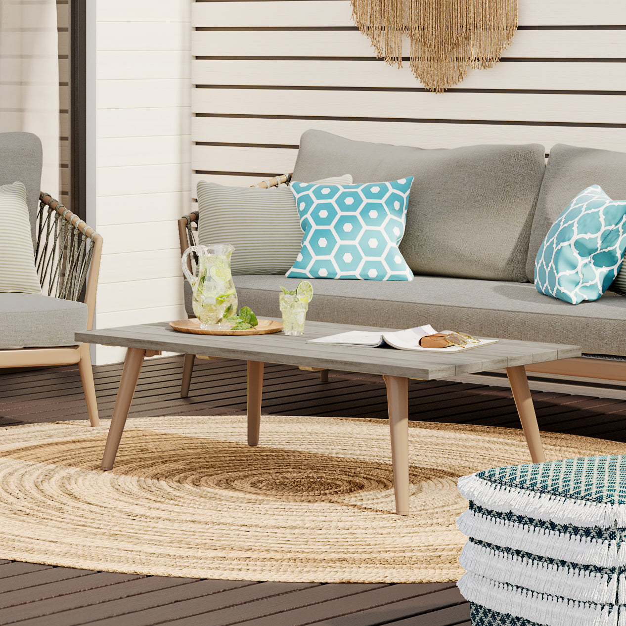 Outdoor Coffee Table with Slatted Top and Aluminum Legs