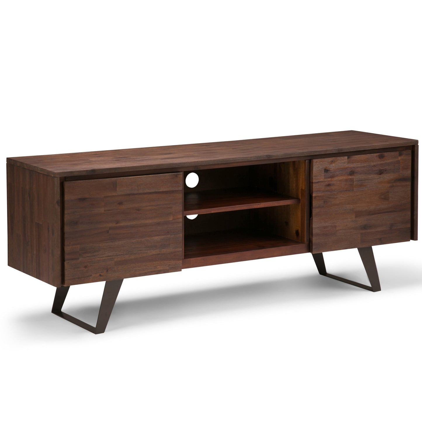 Pioneer TV Stand for TVs Up To 70 Inches with 2 Side Doors, Open Central Shelves and Metal Angled Legs