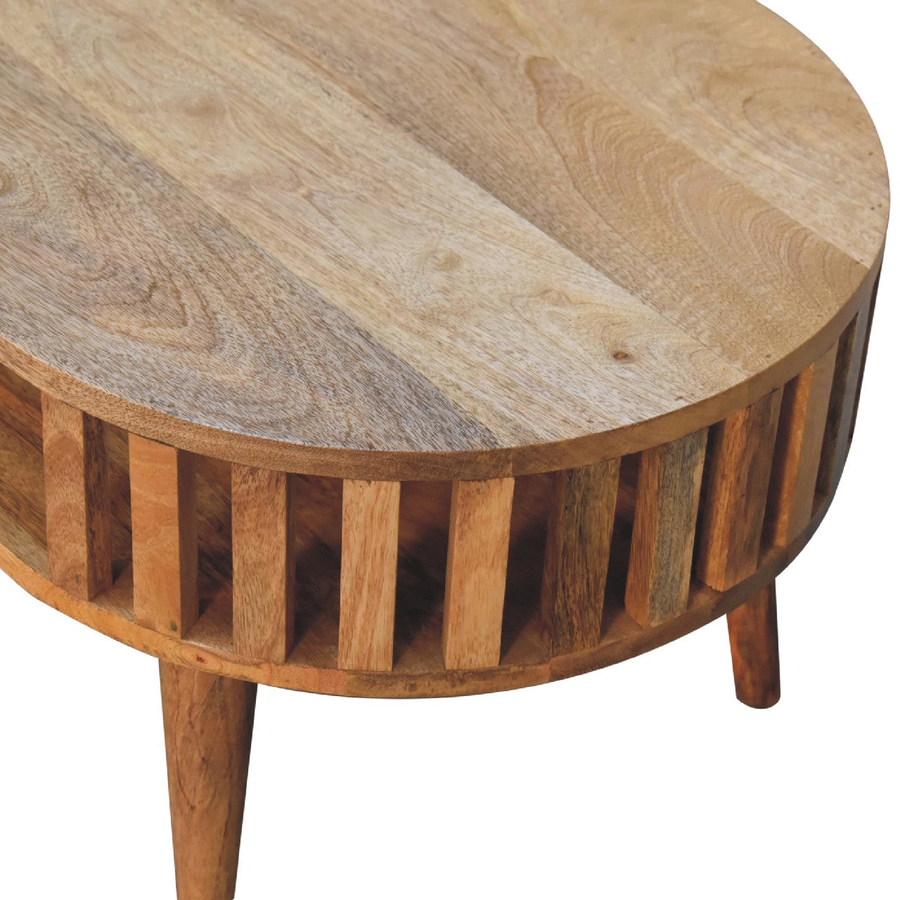 Alliance Oval Coffee Table with Open Shelf and Vertical Slats Side