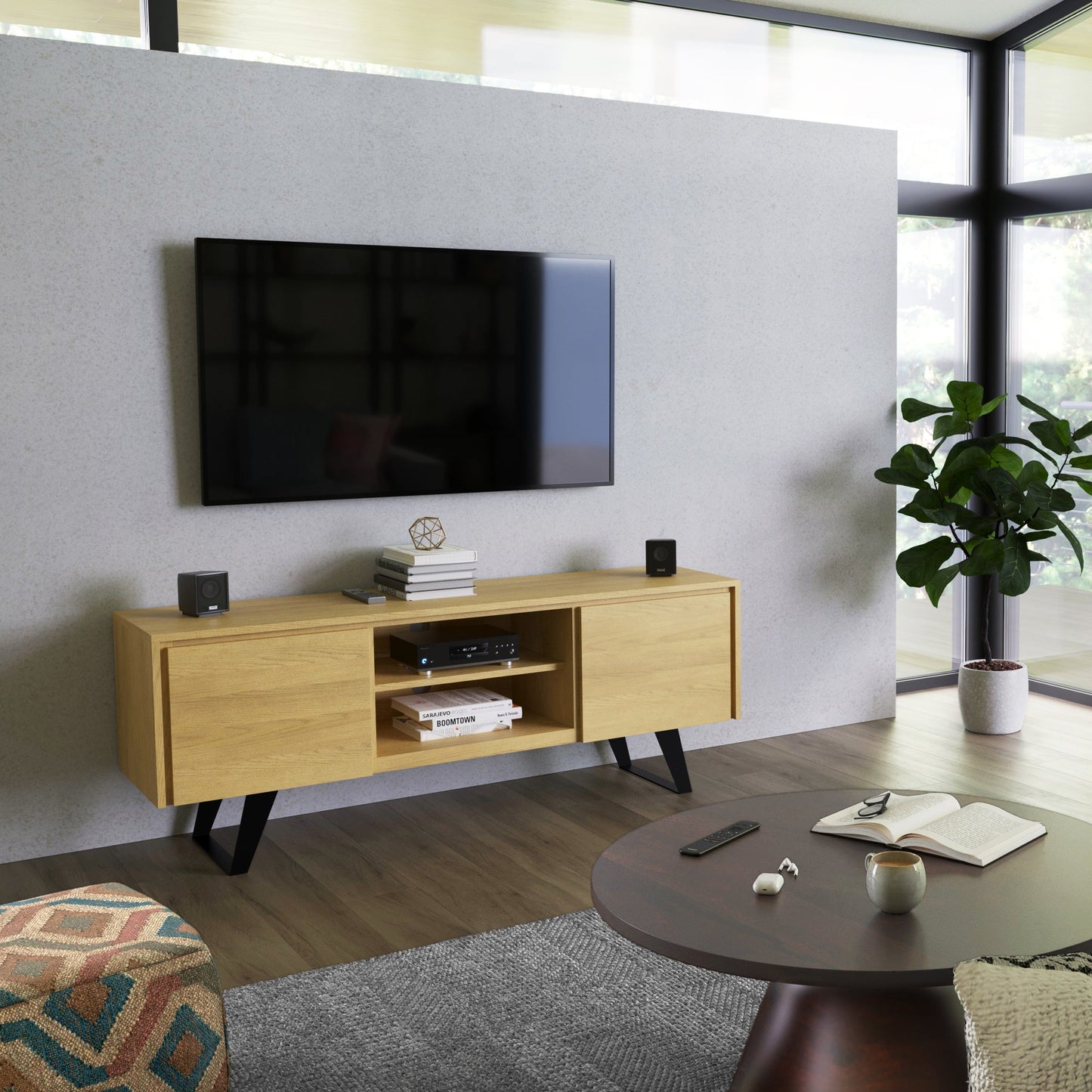 Pioneer TV Stand for TVs Up To 70 Inches with 2 Side Doors, Open Central Shelves and Metal Angled Legs
