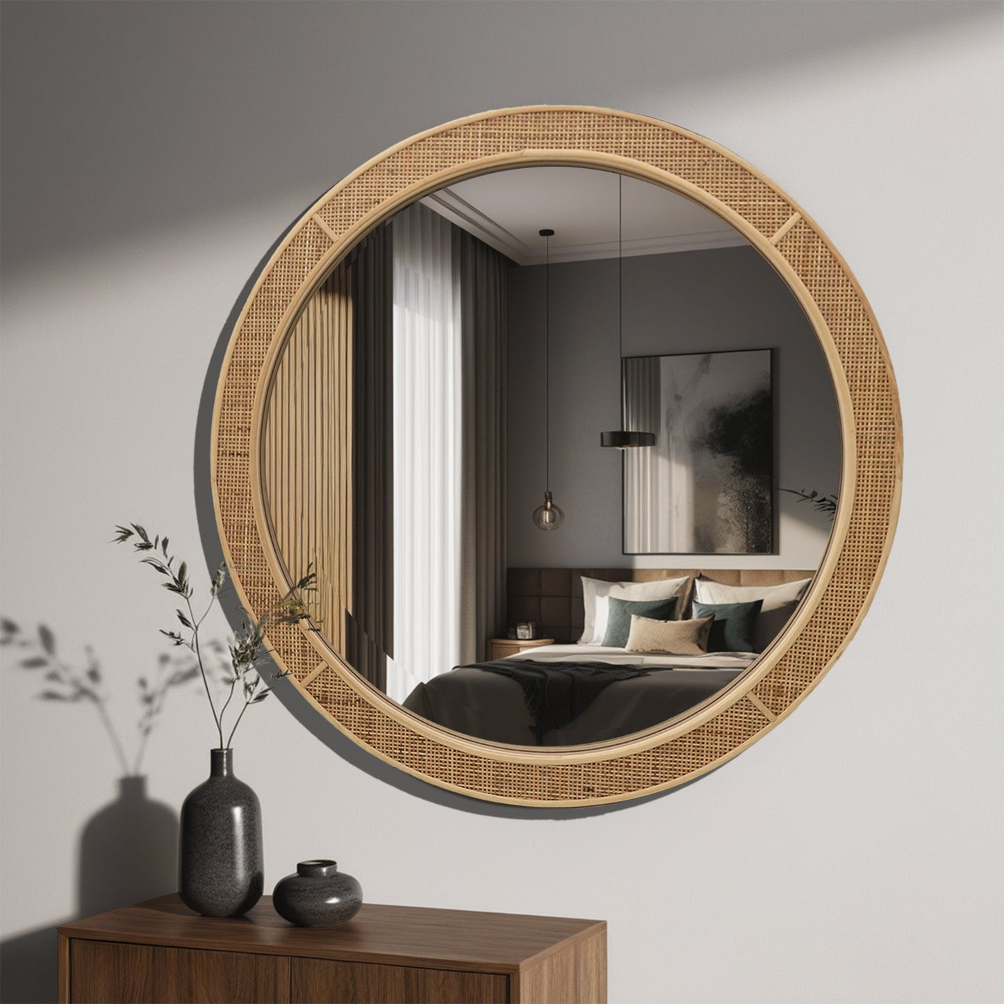 Rustic Farmhouse Style Rattan Wall Mirror