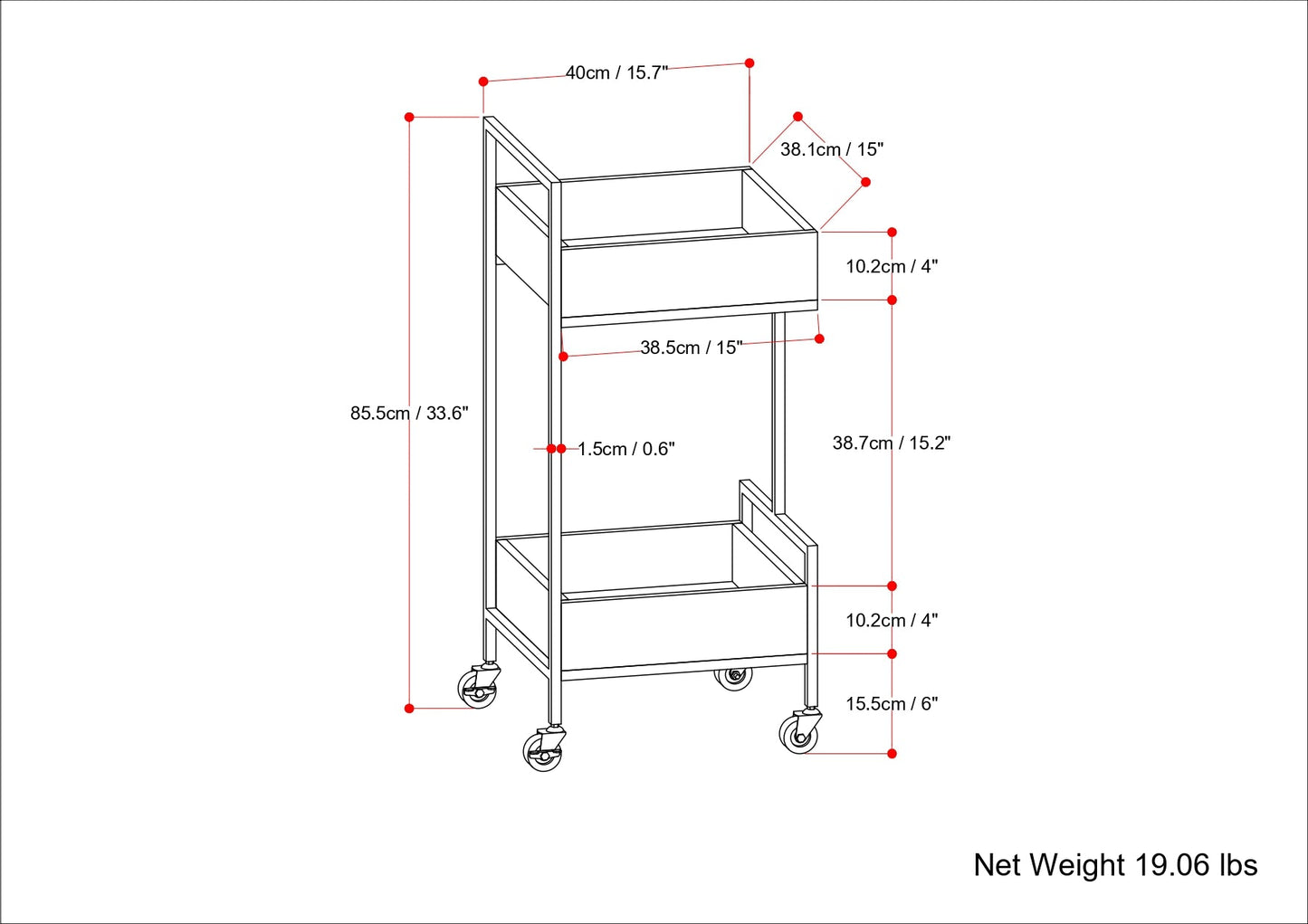 16" Bar Cart with Bottom Shelf and Locking Casters