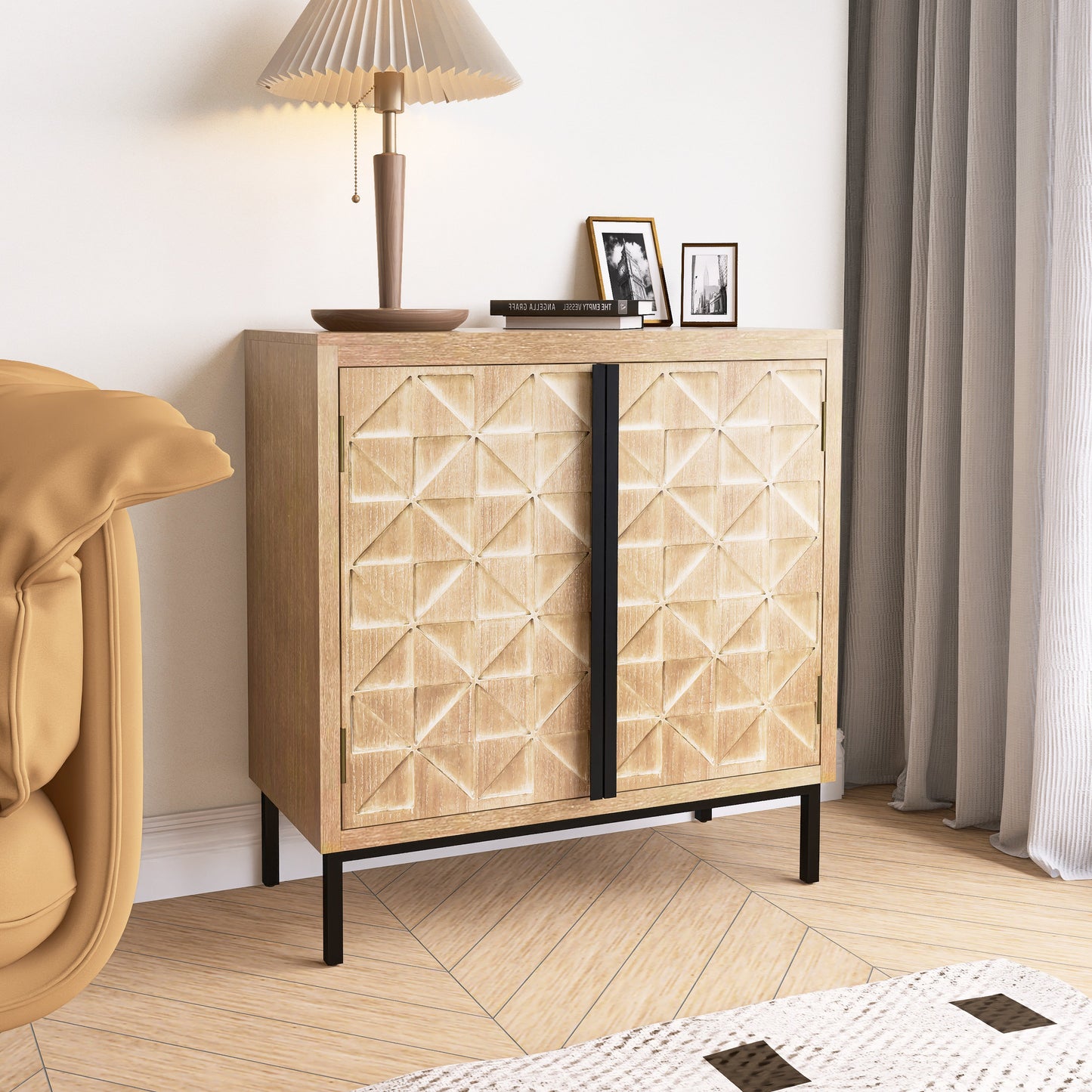 Hand-Carved 2 Doors Accent Cabinet with Shelves and Wood Legs