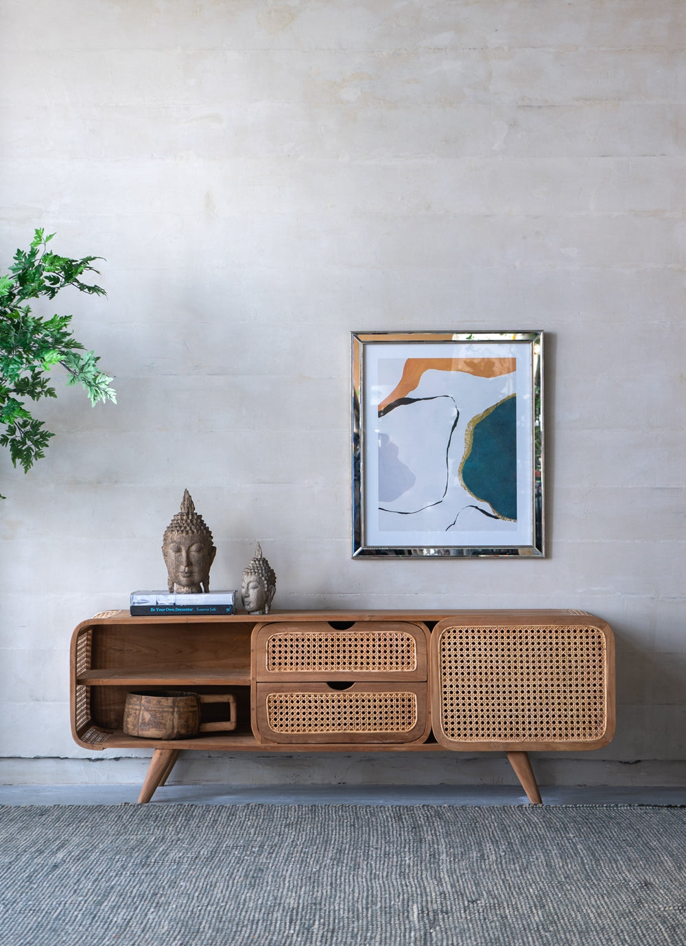 Wood and Rattan Cabinet with Curved Frame, 2 Drawers and Shelves