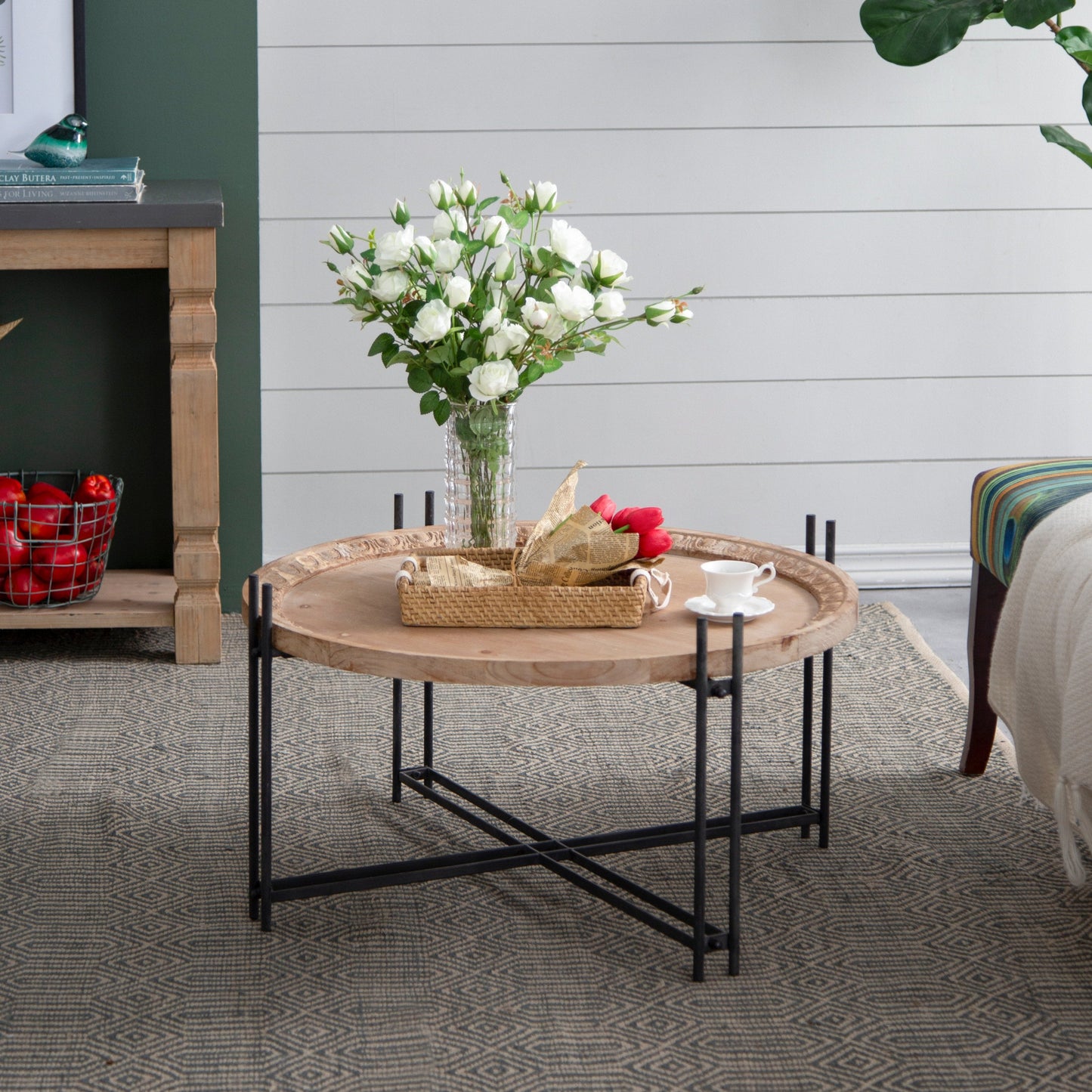 Round Wooden Round Coffee Table with Metal Legs
