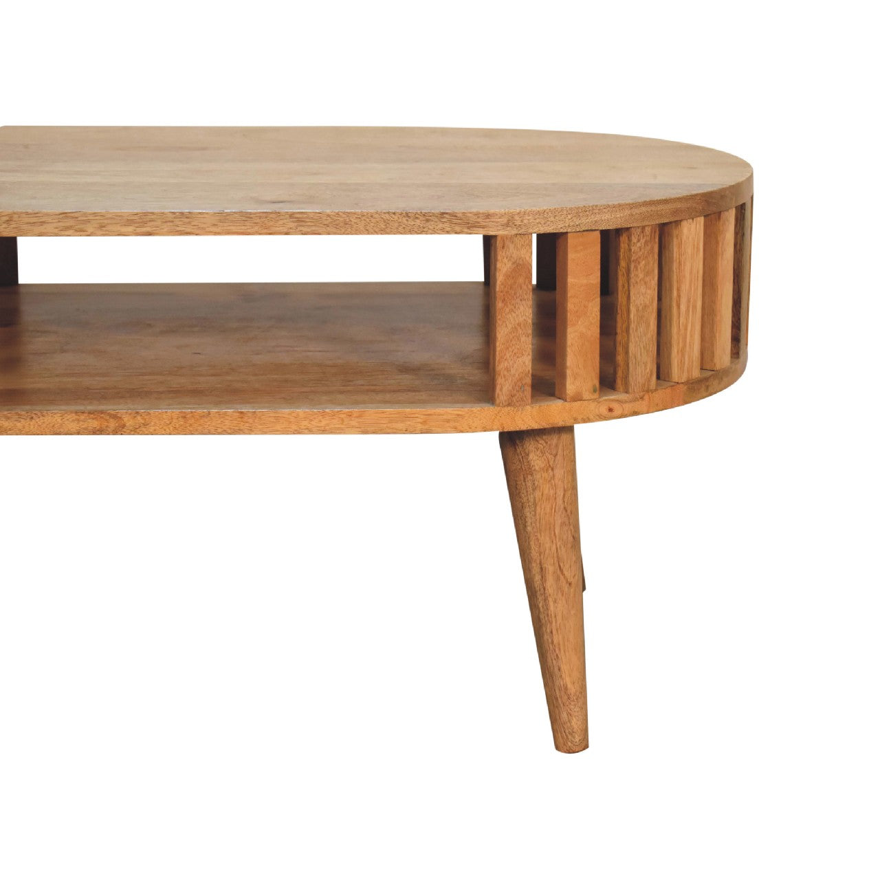 Alliance Oval Coffee Table with Open Shelf and Vertical Slats Side