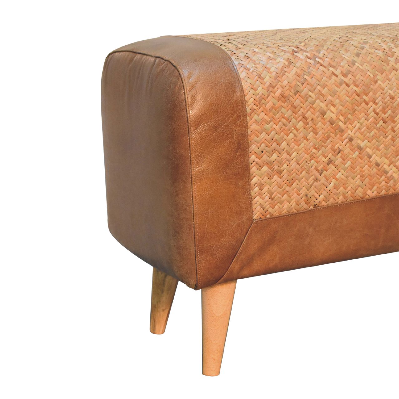 Large Upholstered Bench with Seagrass Base and Wood Legs