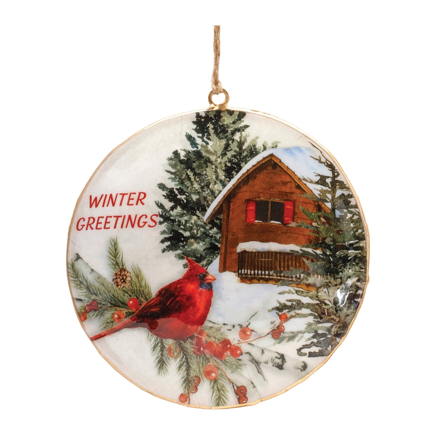 Metal Cardinal Winter Greetings Disc Ornament, Set of 6