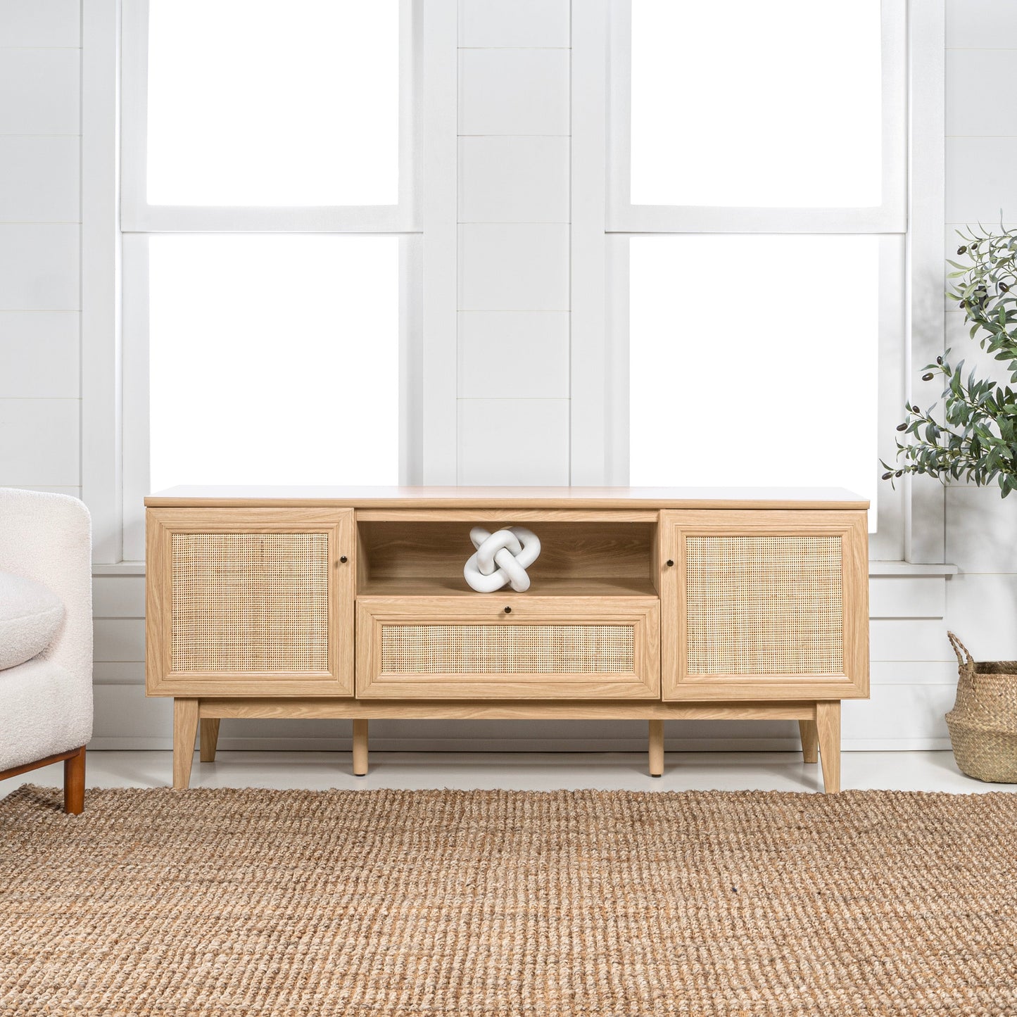 Caned TV Stand, Drawer, Storage Doors Fits TVs up to 65", Cable Management