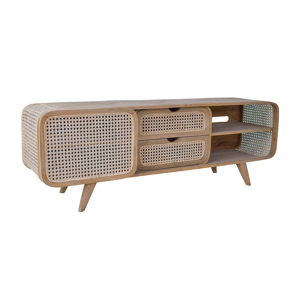 Wood and Rattan Cabinet with Curved Frame, 2 Drawers and Shelves