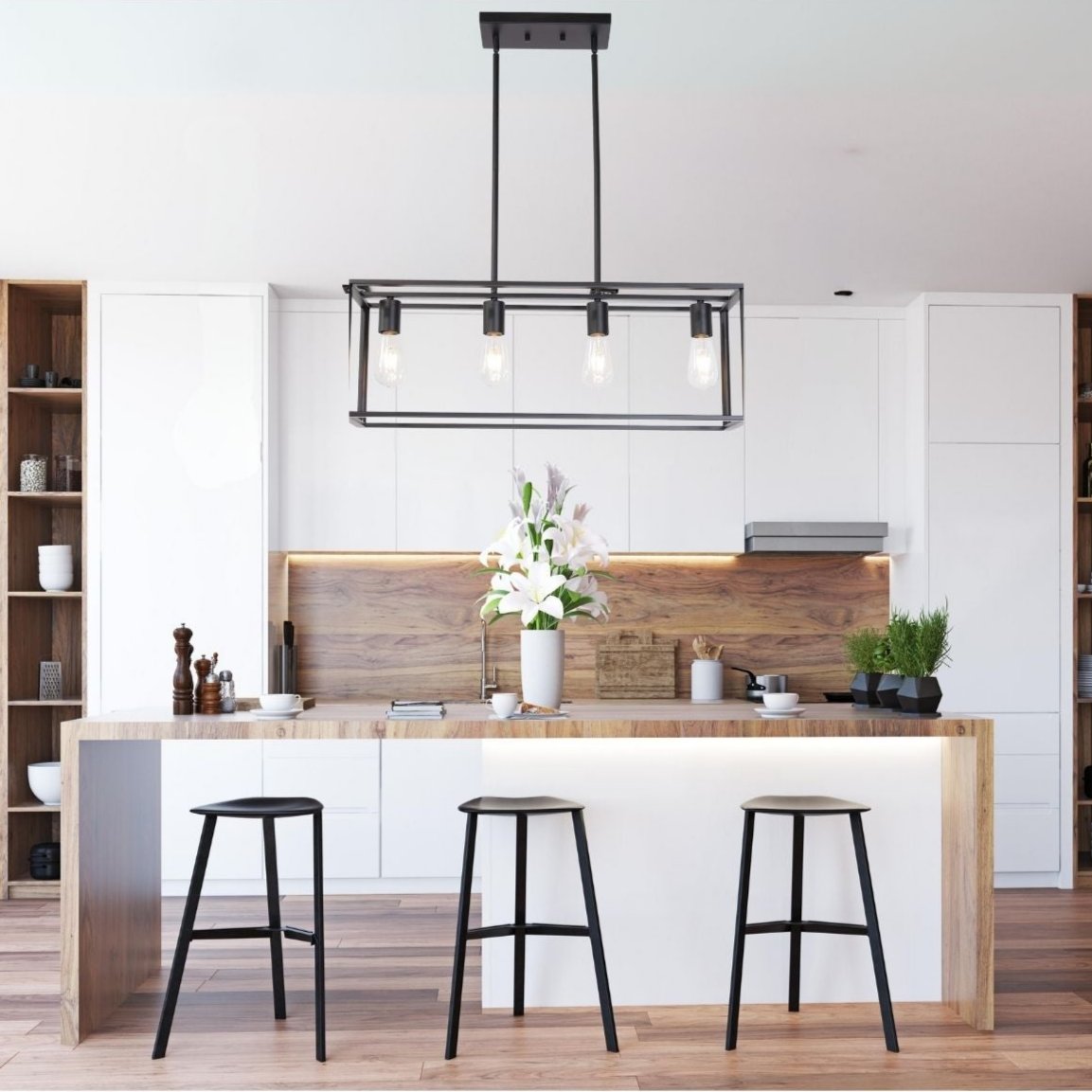 4-Light Linear Pendant Light with Open Frame and Rectangle Cage