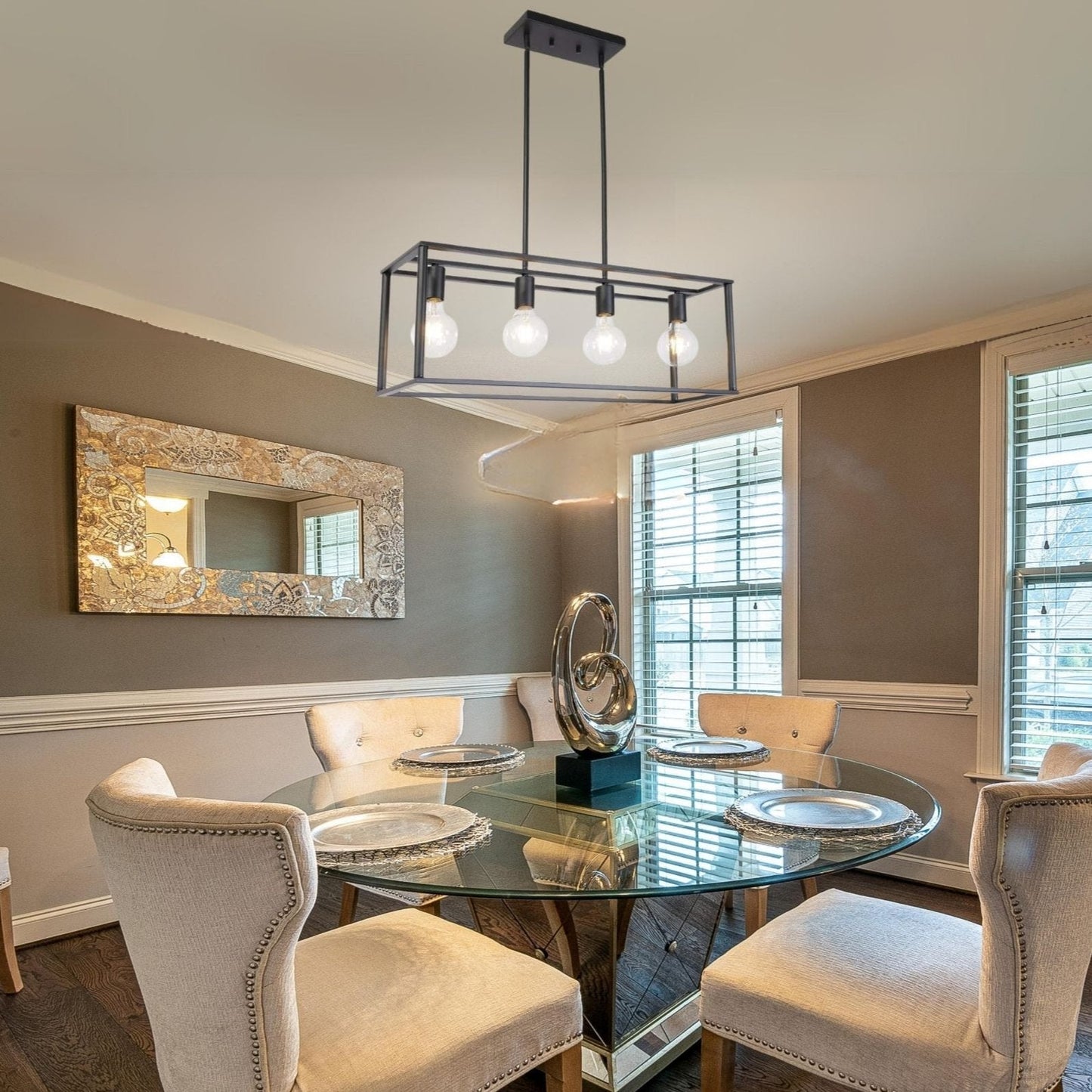 4-Light Linear Pendant Light with Open Frame and Rectangle Cage