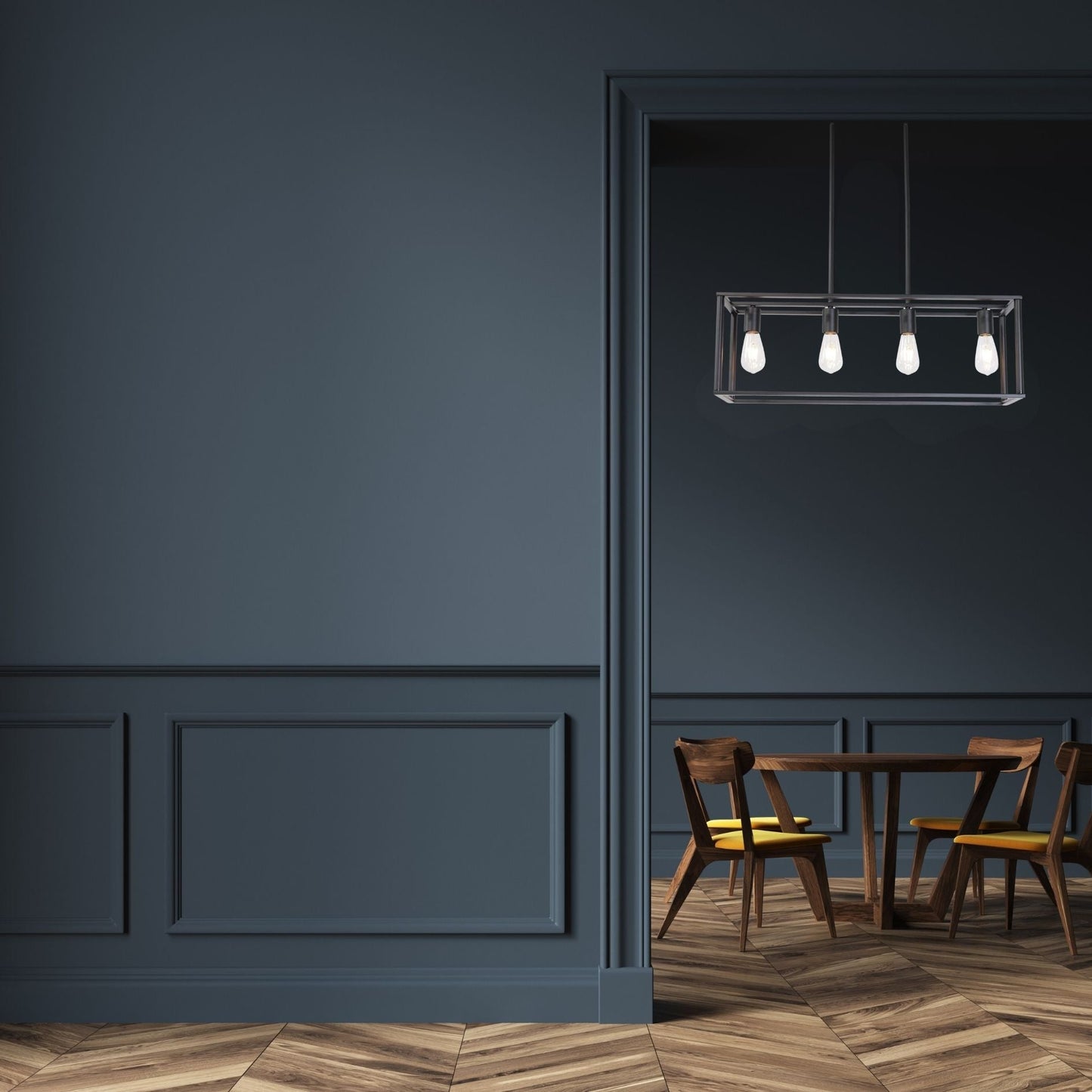 4-Light Linear Pendant Light with Open Frame and Rectangle Cage