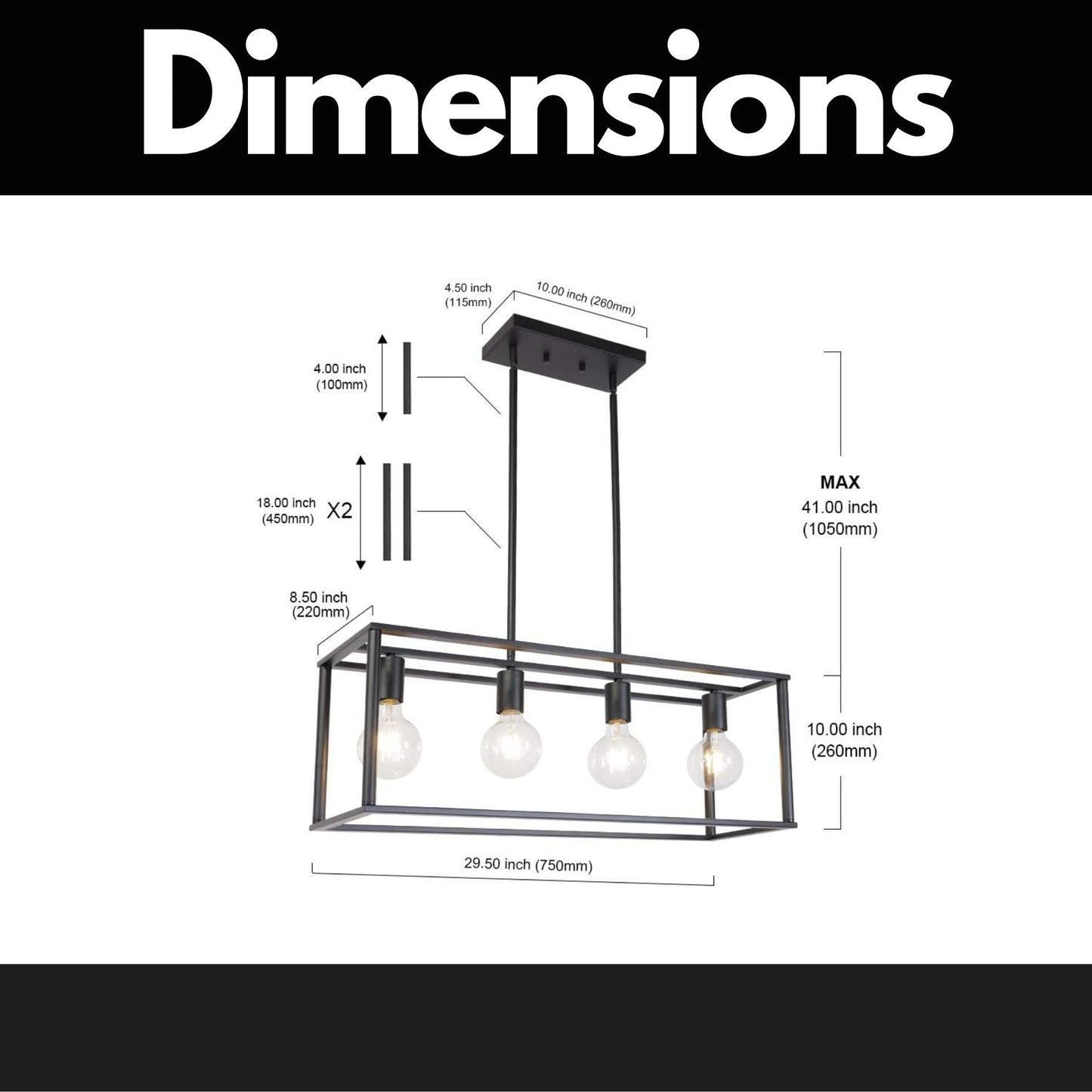 4-Light Linear Pendant Light with Open Frame and Rectangle Cage