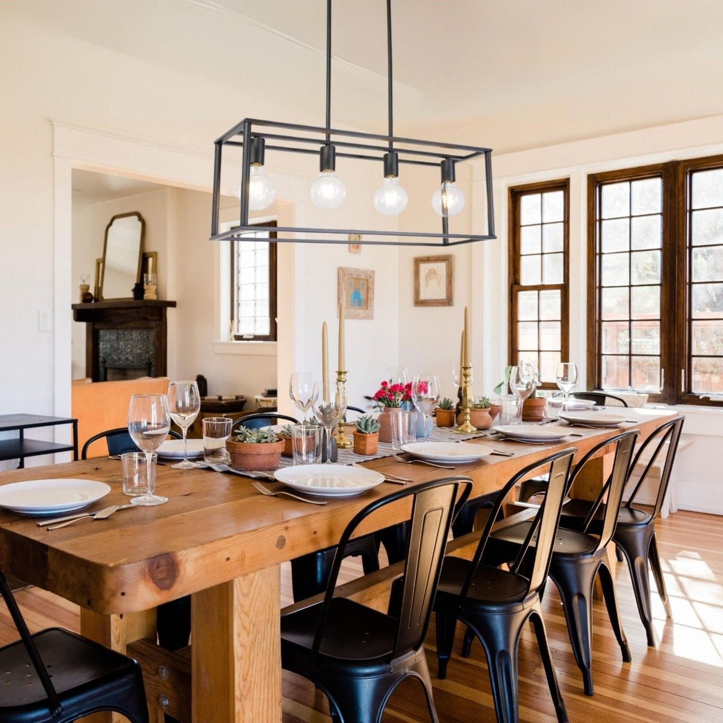 4-Light Linear Pendant Light with Open Frame and Rectangle Cage