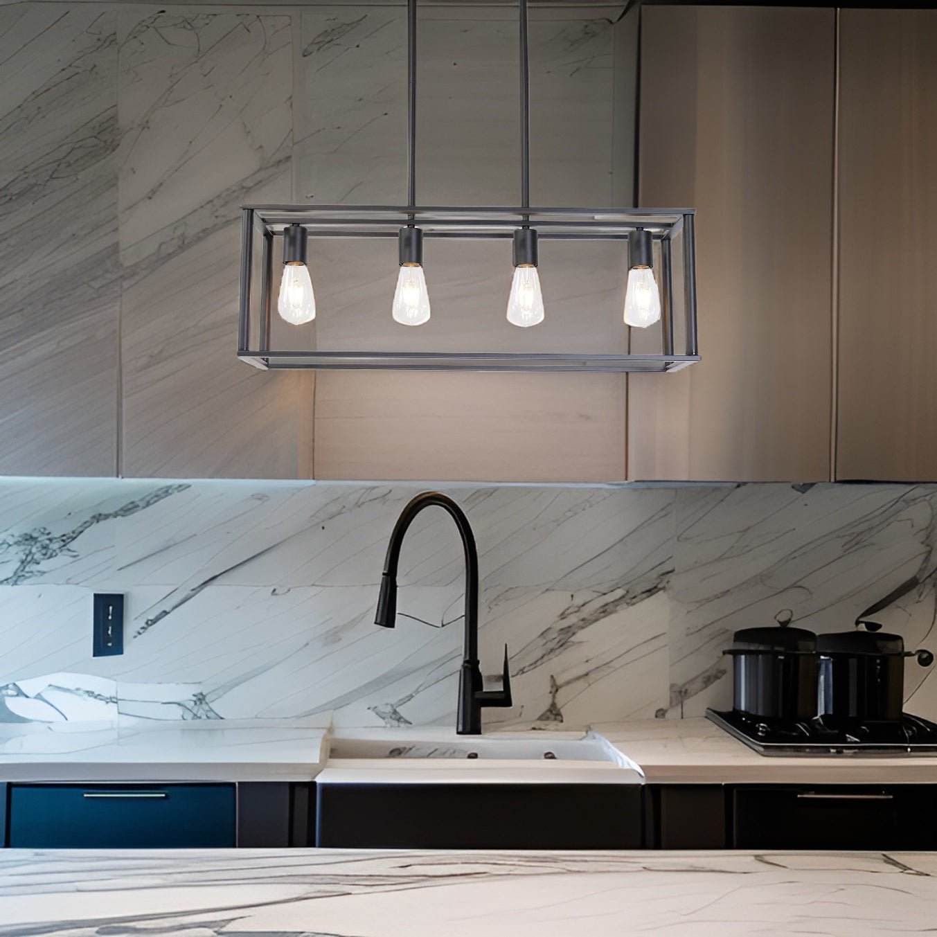 4-Light Linear Pendant Light with Open Frame and Rectangle Cage
