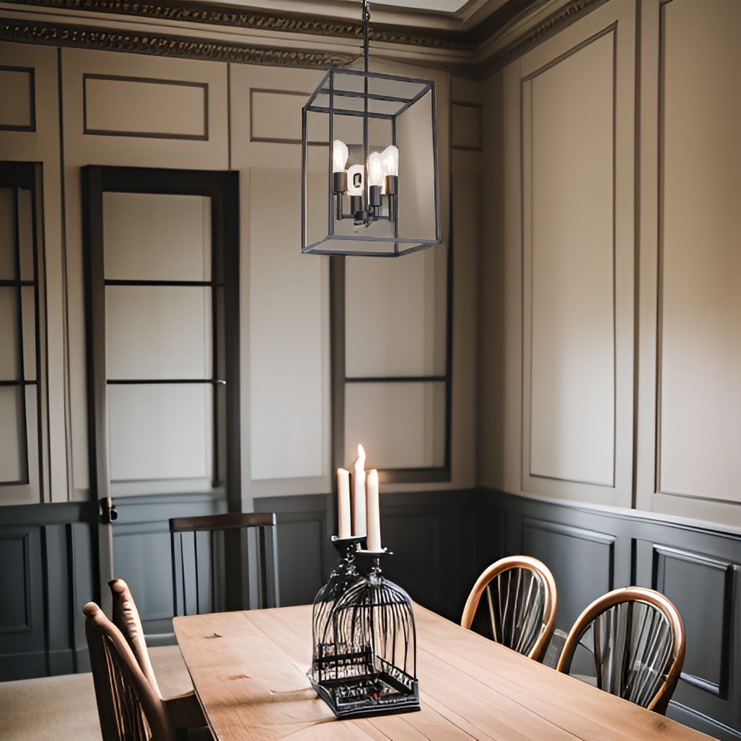 4 Light Pendant Light with Square Wide Cage