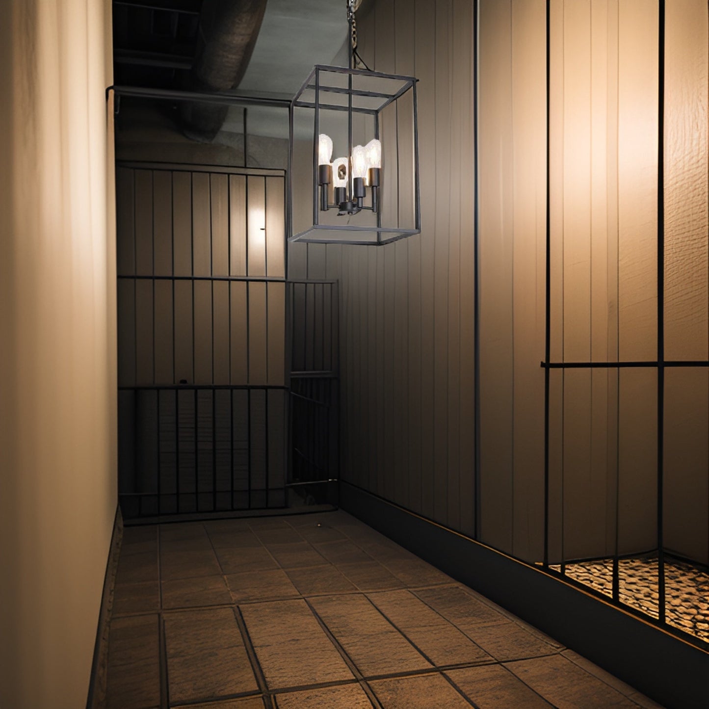 4 Light Pendant Light with Square Wide Cage