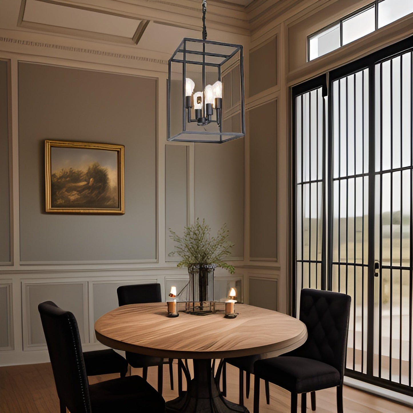 4 Light Pendant Light with Square Wide Cage