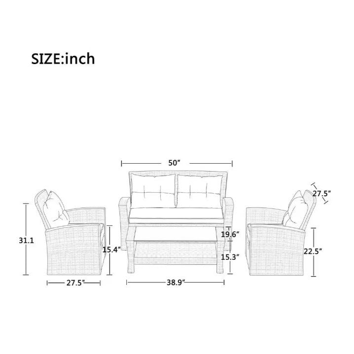 4-Piece Conversation Set with Ottoman and Cushions