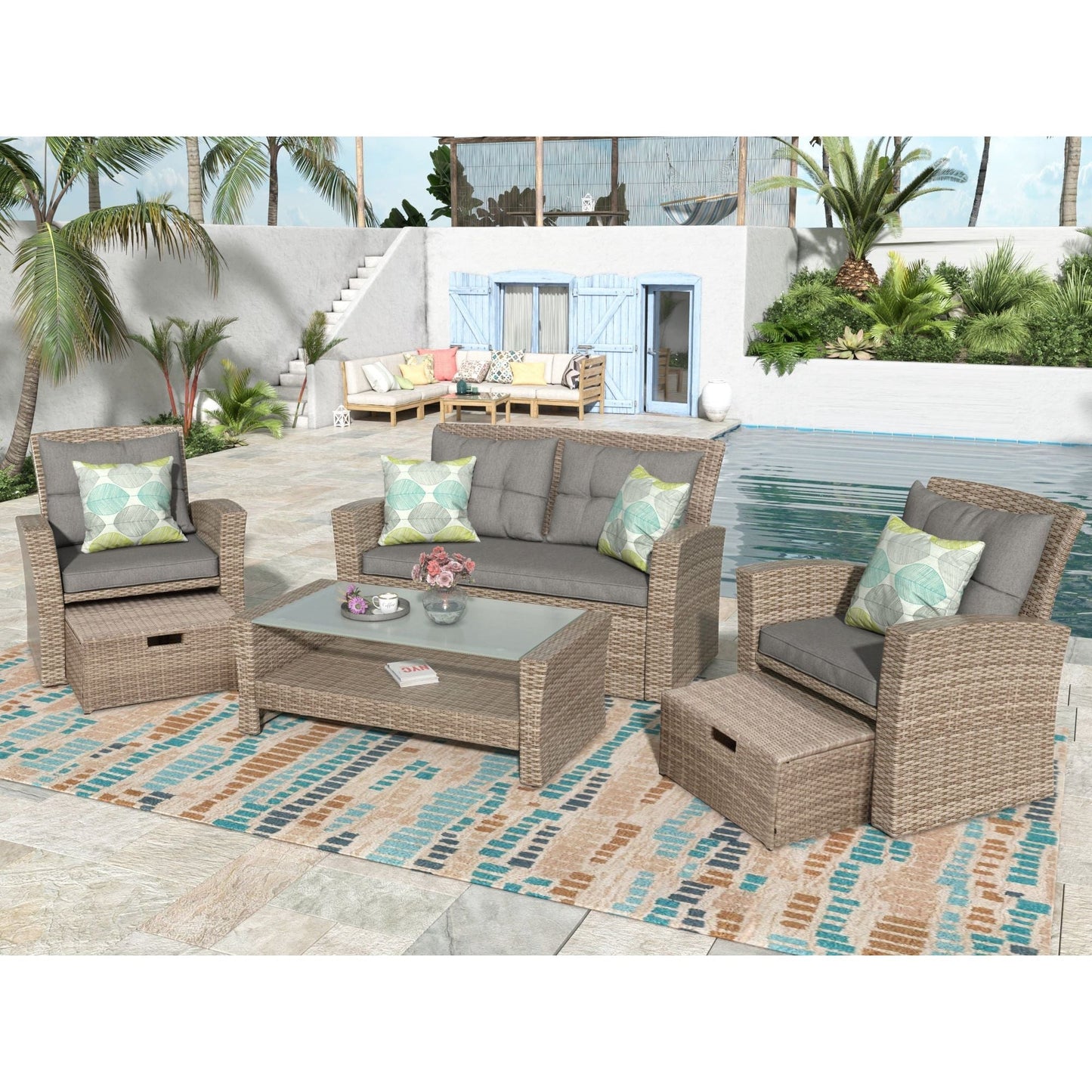 4-Piece Conversation Set with Ottoman and Cushions