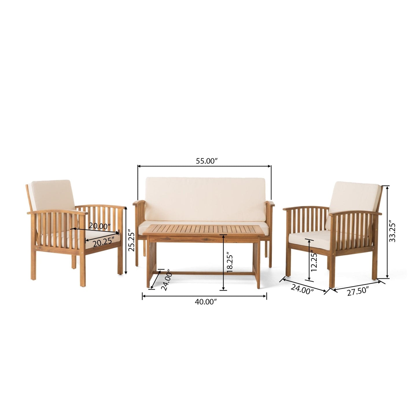4-Piece Outdoor Wooden Patio Set with Coffee Table, 2 Chairs and Loveseat