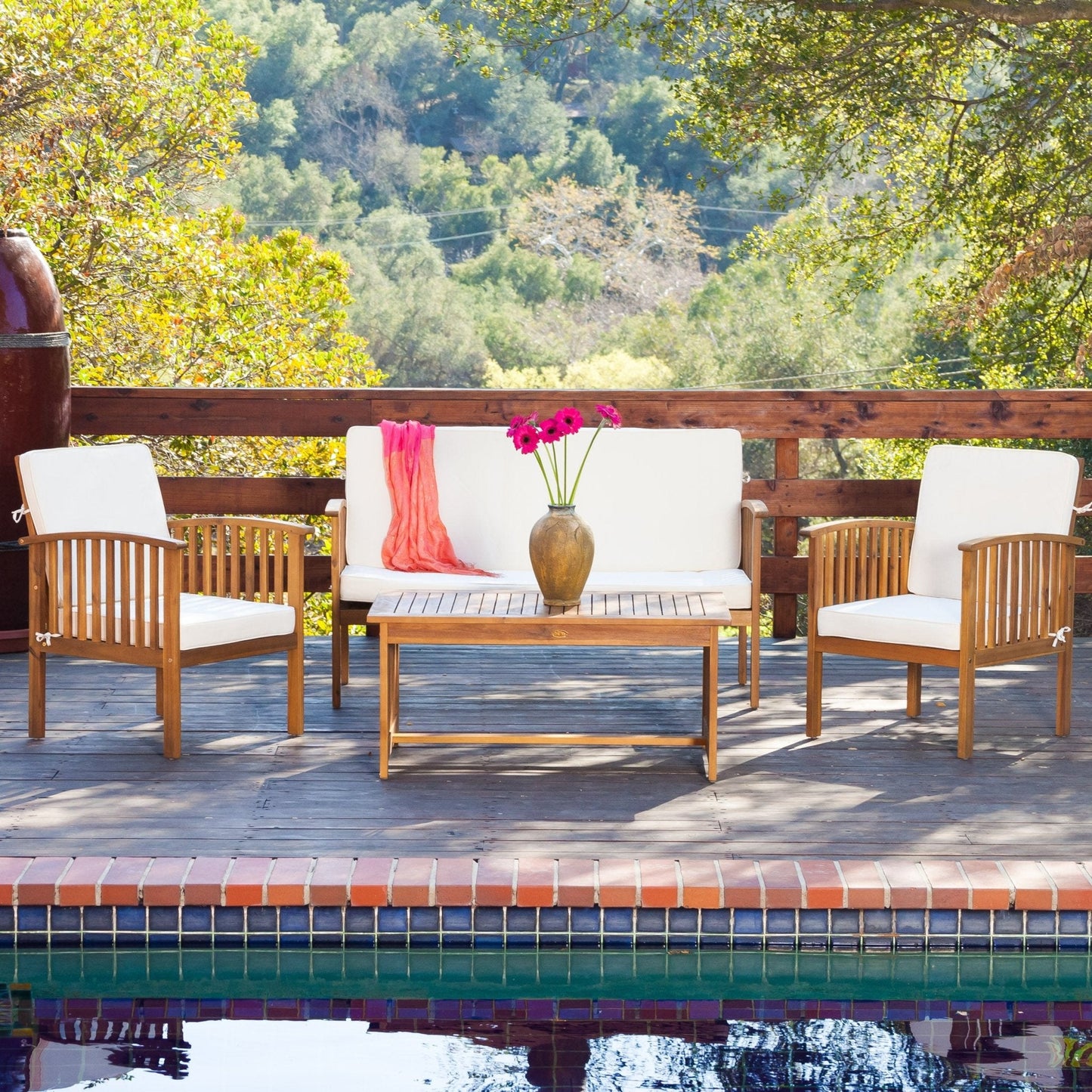 4-Piece Outdoor Wooden Patio Set with Coffee Table, 2 Chairs and Loveseat